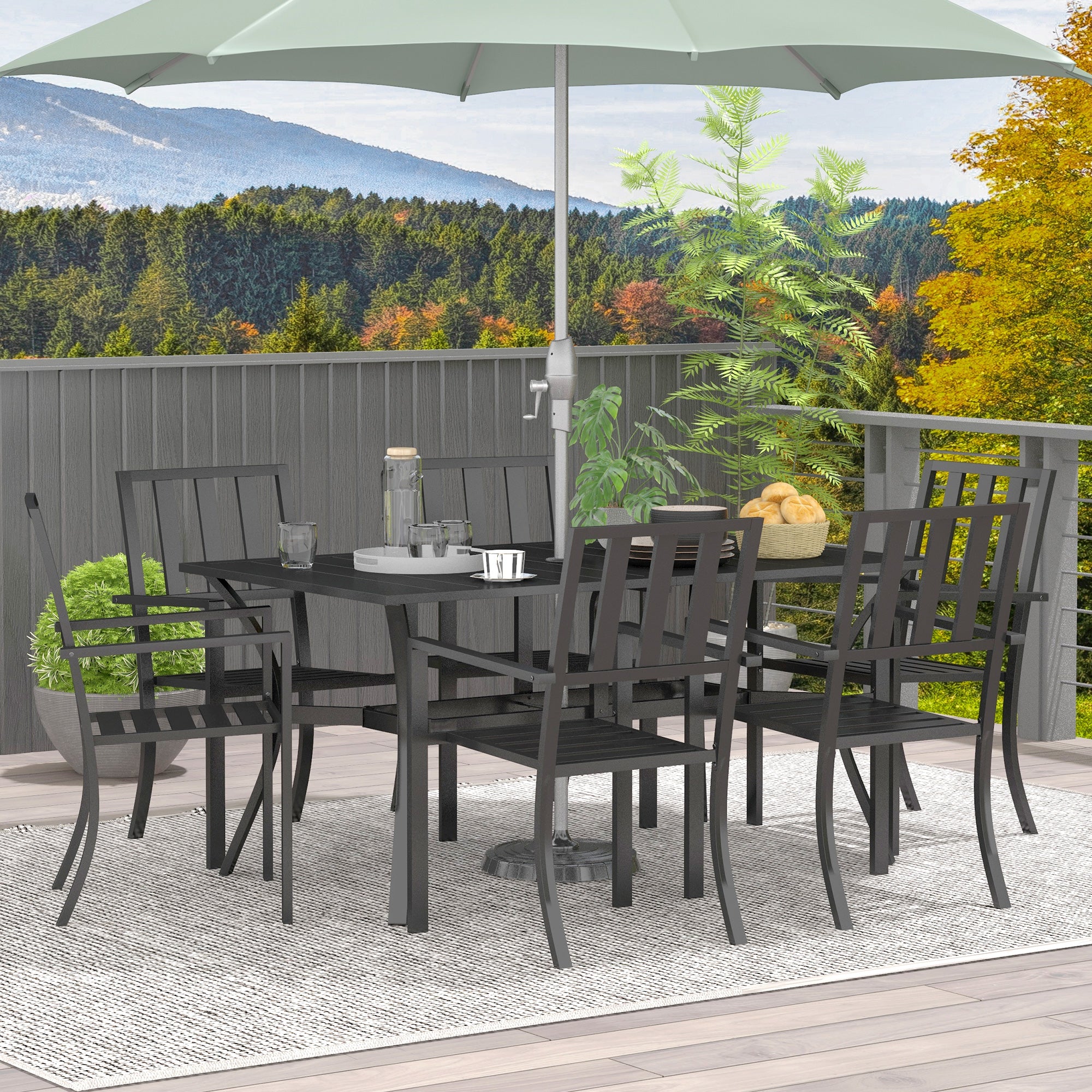 7 Pieces Garden Table and Chairs 6 Seater Outdoor Table and Chairs with Umbrella Hole, for Poolside, Garden, Black