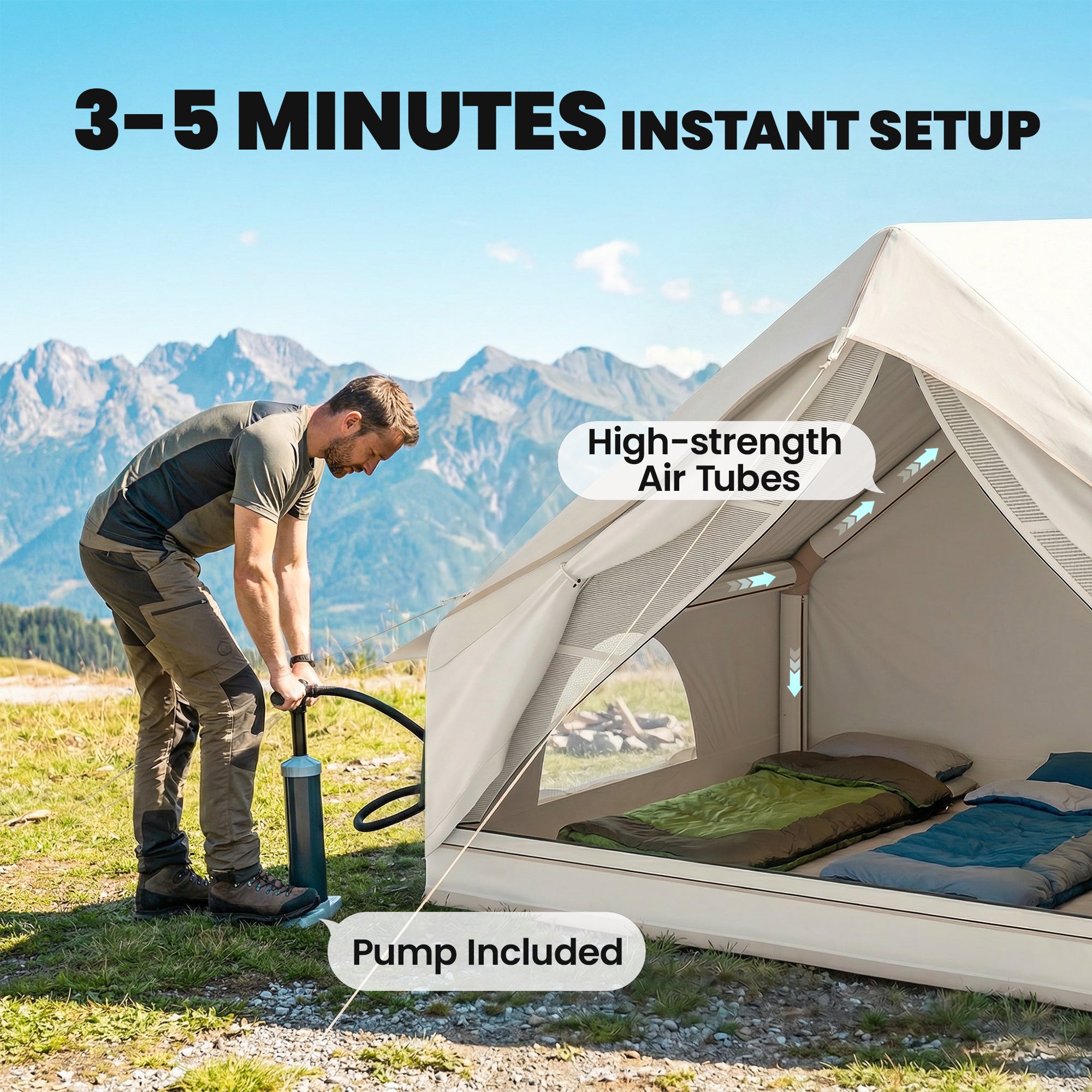 Inflatable Tent Waterproof for Camping Blow Up Tent with Pump Carry Bag for 2-4 Person, Beige