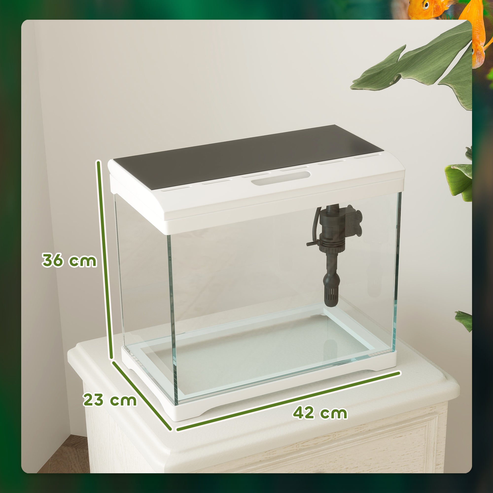 27L Glass Fish Tank with Filter System, LED Light, Water Pump, for Betta, Goldfish, Shrimps, White