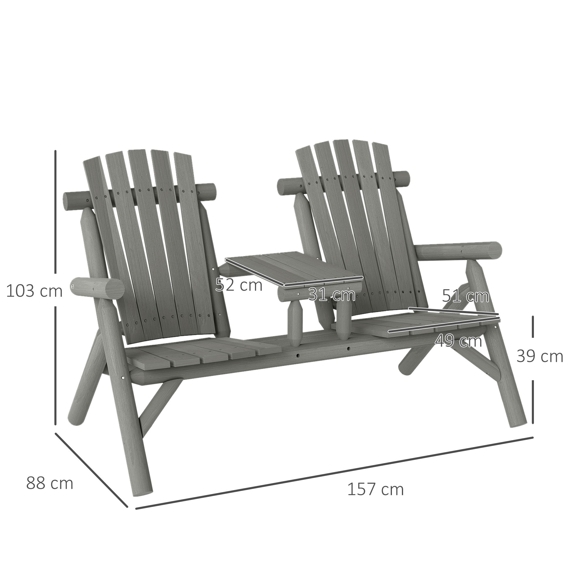 2 Piece Wood Patio Bench Set with Centre Coffee Table - Grey