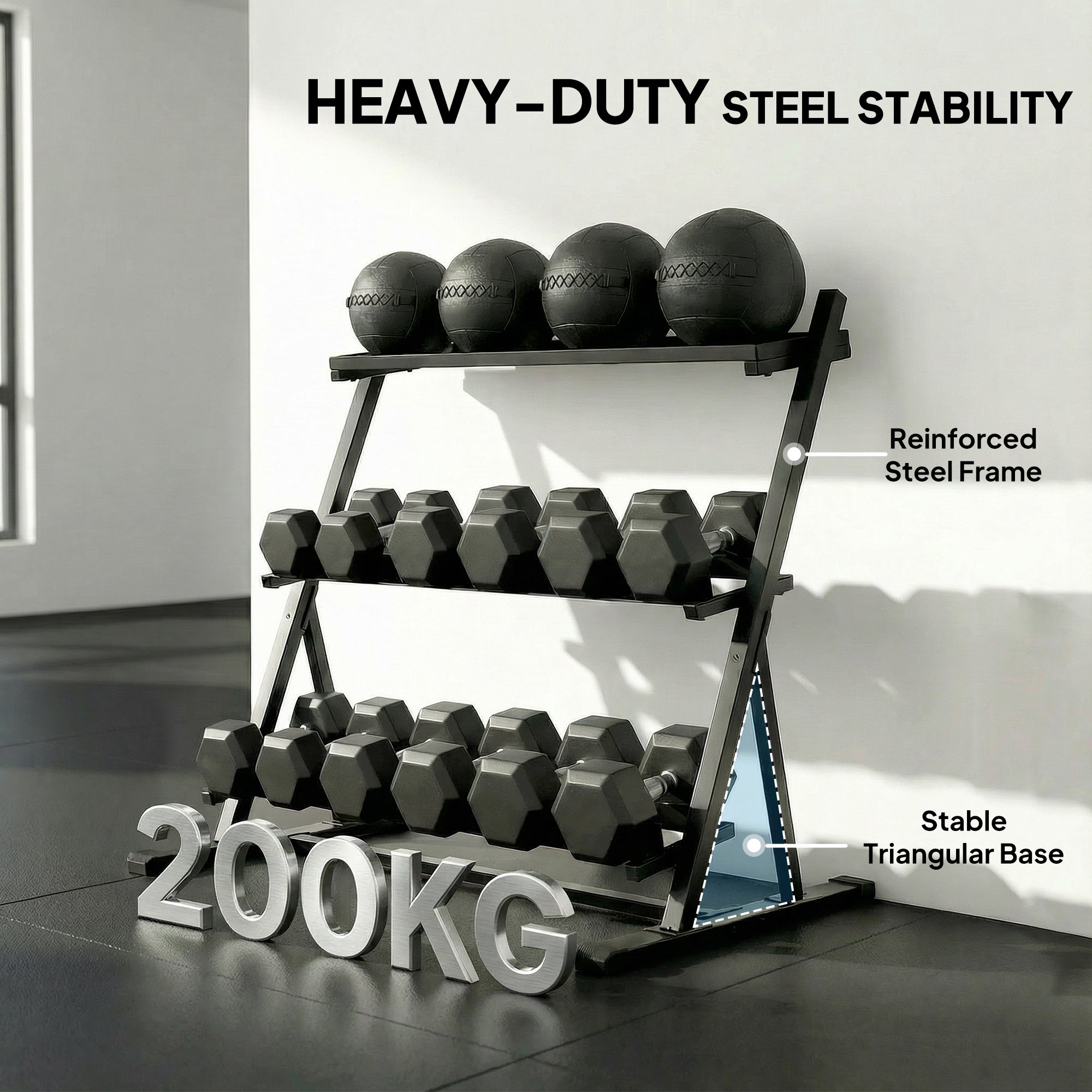 3-Tier Adjustable Dumbbell Rack, Heavy-Duty Weight Rack for Dumbbells, Kettlebells and Multiple Balls, Space-Saving Weight Storage Stand for Home Gym, 200 KG Capacity