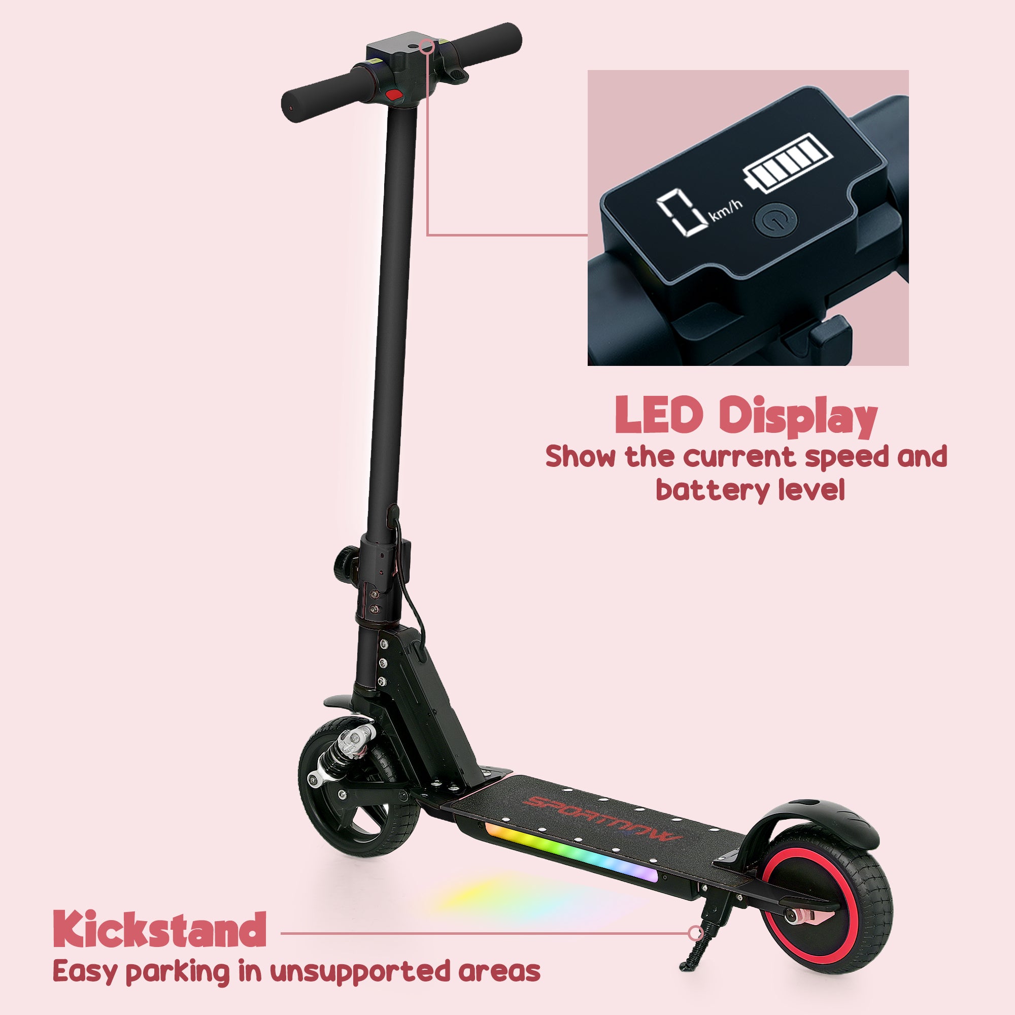 Folding Electric Scooter for Kids 6-14 with Dual Brakes, Front Suspension, LED Lights & Display, 6.8kg Aluminium, 14km/h - Black