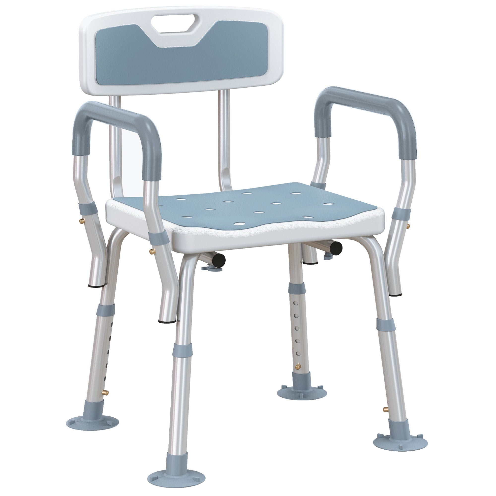 EVA Padded Shower Chair for the Elderly and Disabled, Height Adjustable Shower Stool with Back and Arms, 4 Suction Foot Pads, Light Blue