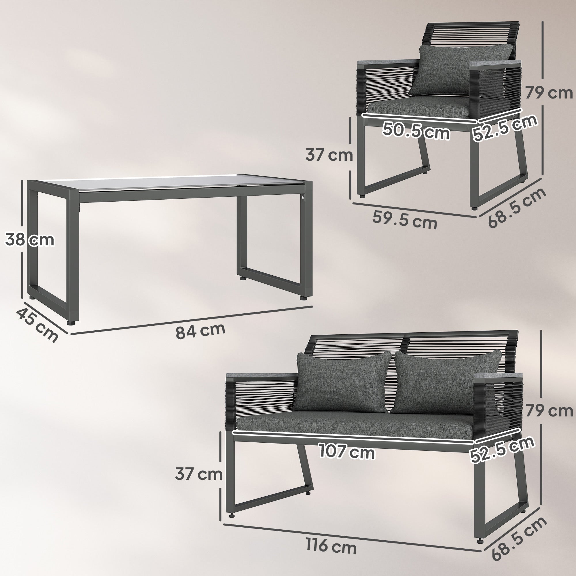 4 Piece PE Rattan Garden Furniture Set with Metal Frame - Charcoal Grey