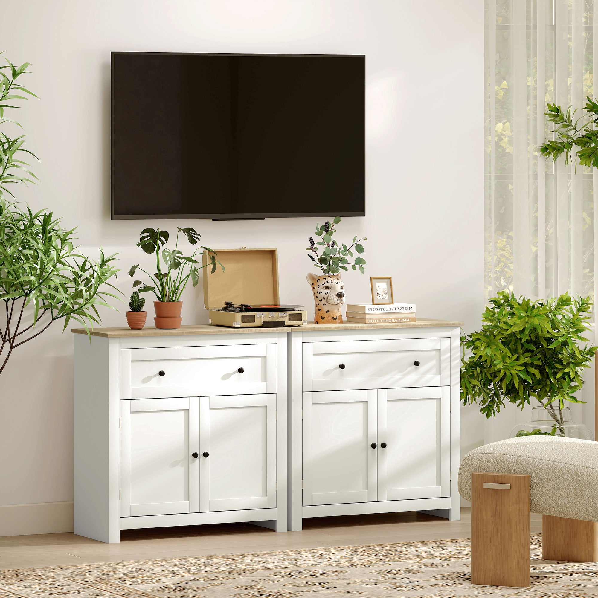 Sideboard Storage Cabinet, Modern Kitchen Cupboard with Adjustable Shelf, Drawer and Double Doors, Cream White