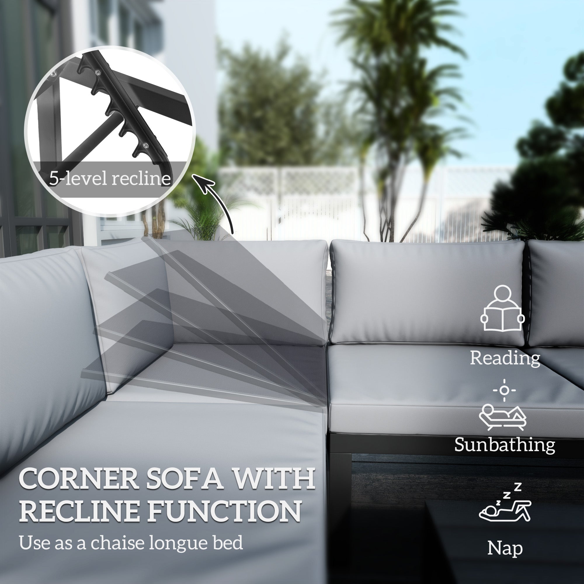 4-Piece Outdoor Patio Garden Lounge Set with 5-Level Reclining Corner Sofa & Cushions - Black Light Grey