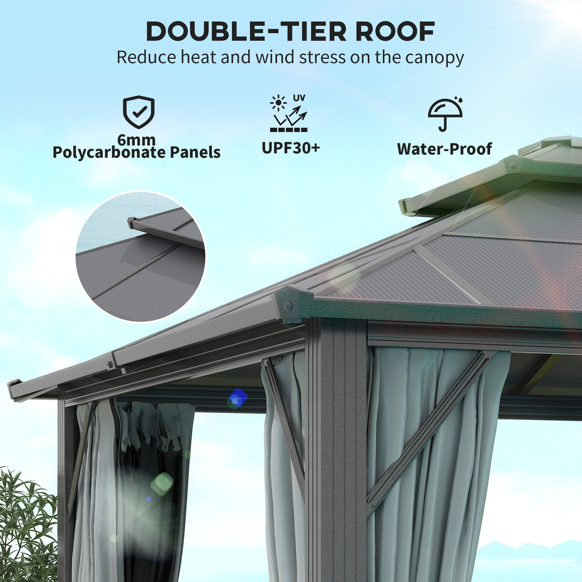 3x4m Hardtop Garden Gazebo with UPF30+ Double Polycarbonate Roof, Aluminium Frame, Mosquito Net & Curtains - Grey