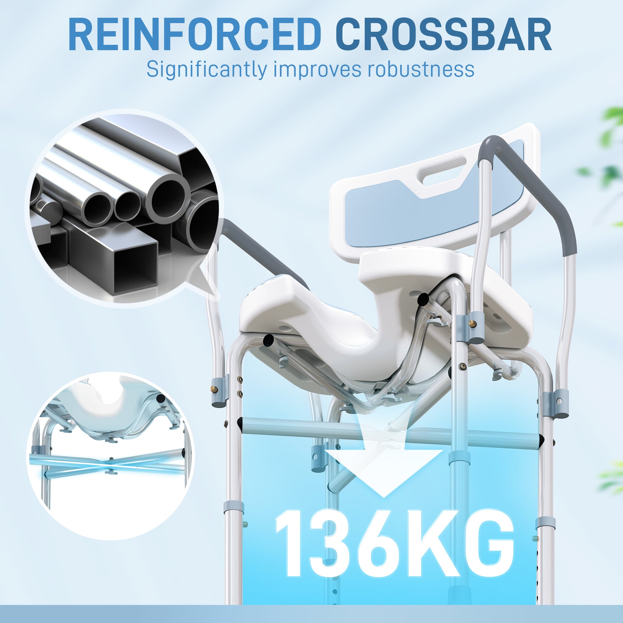 Aluminium Shower Chair, with Padded Seat - Light Blue