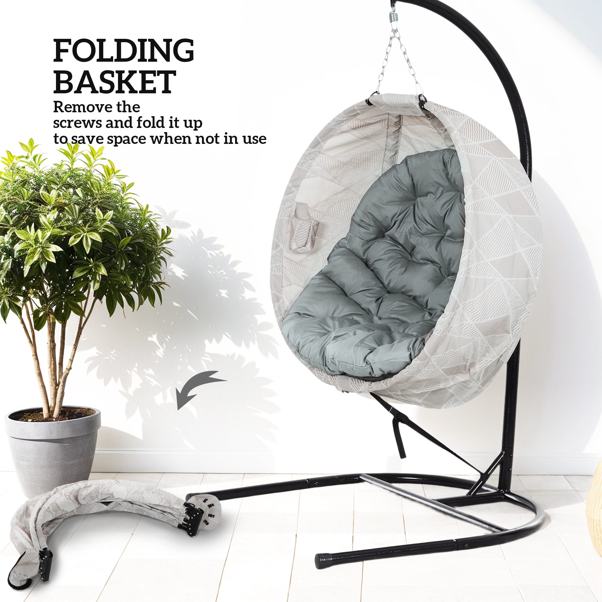 Hanging Egg Chair with Stand and Thick Cushion Grey