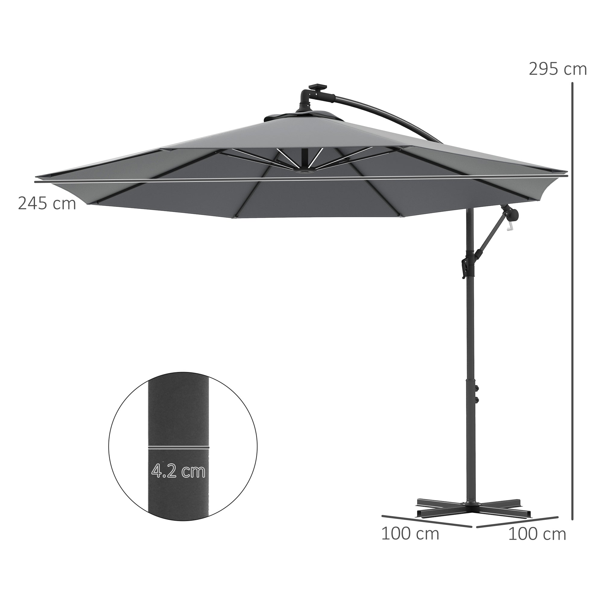 3(m) Cantilever Parasol with Solar LED Lights, Garden Umbrella with Cross Base and Crank Handle, Hanging Offset Banana Sun Shade for Outdoor, Patio, Grey