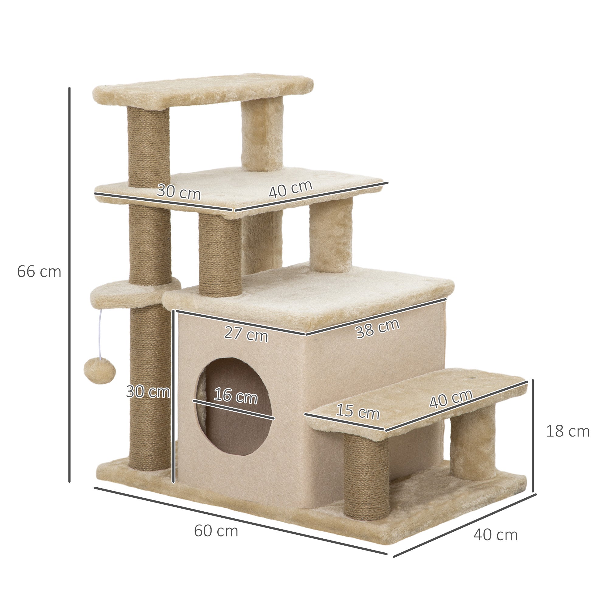 Adjustable Cat Steps, with House & Hanging Toy Ball - Beige