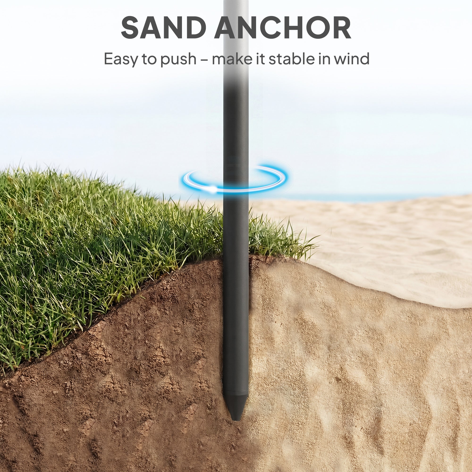 1.8 m Beach Umbrella Parasol with Sand Anchor, Portable 30° Tilting Patio Sun Shade with Adjustable Height, Grey/White