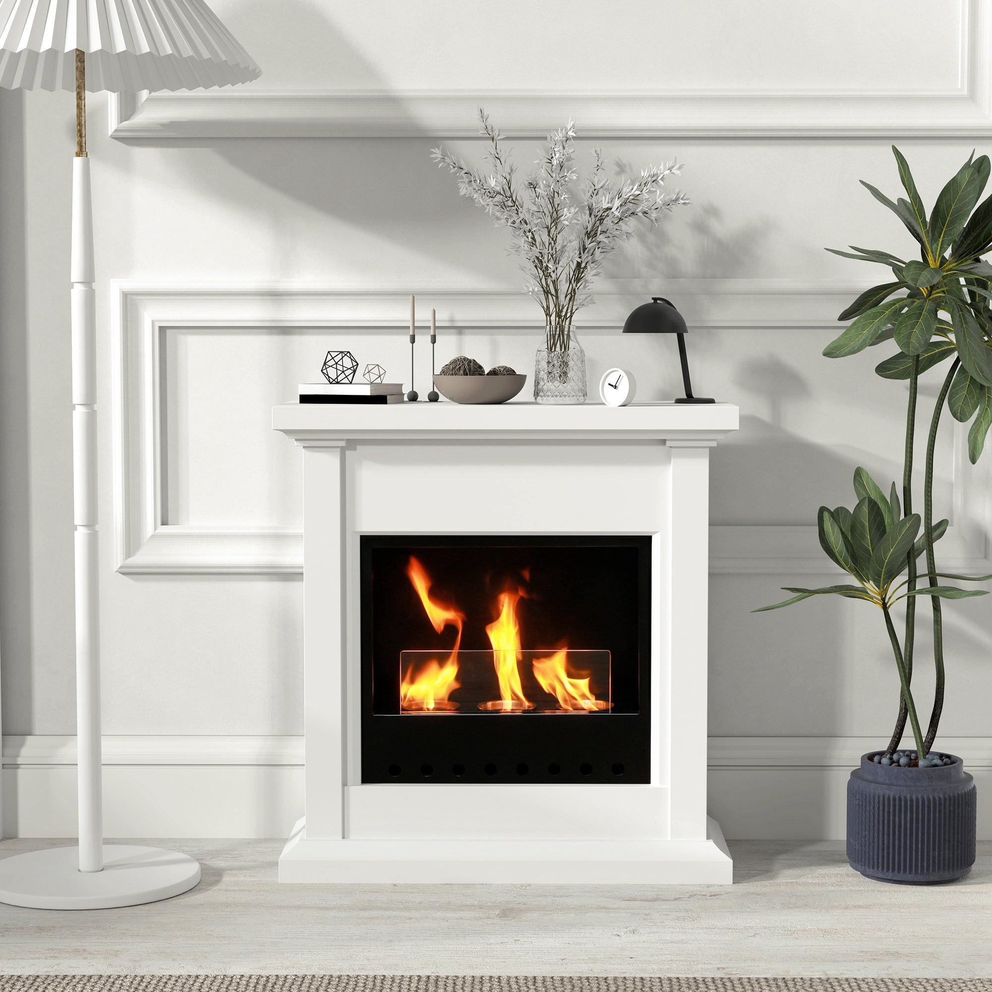 Bioethanol Fire Heater, with Mantelpiece - White