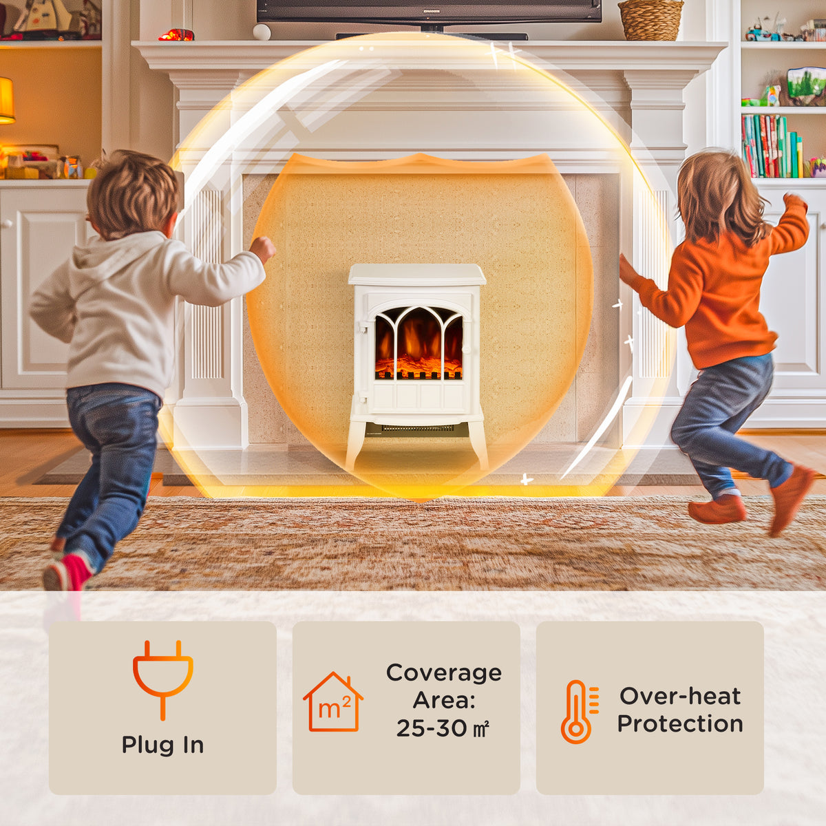 Freestanding Electric Stove Heater with LED Flame Effect, Overheating Safety, 1000W/2000W - White