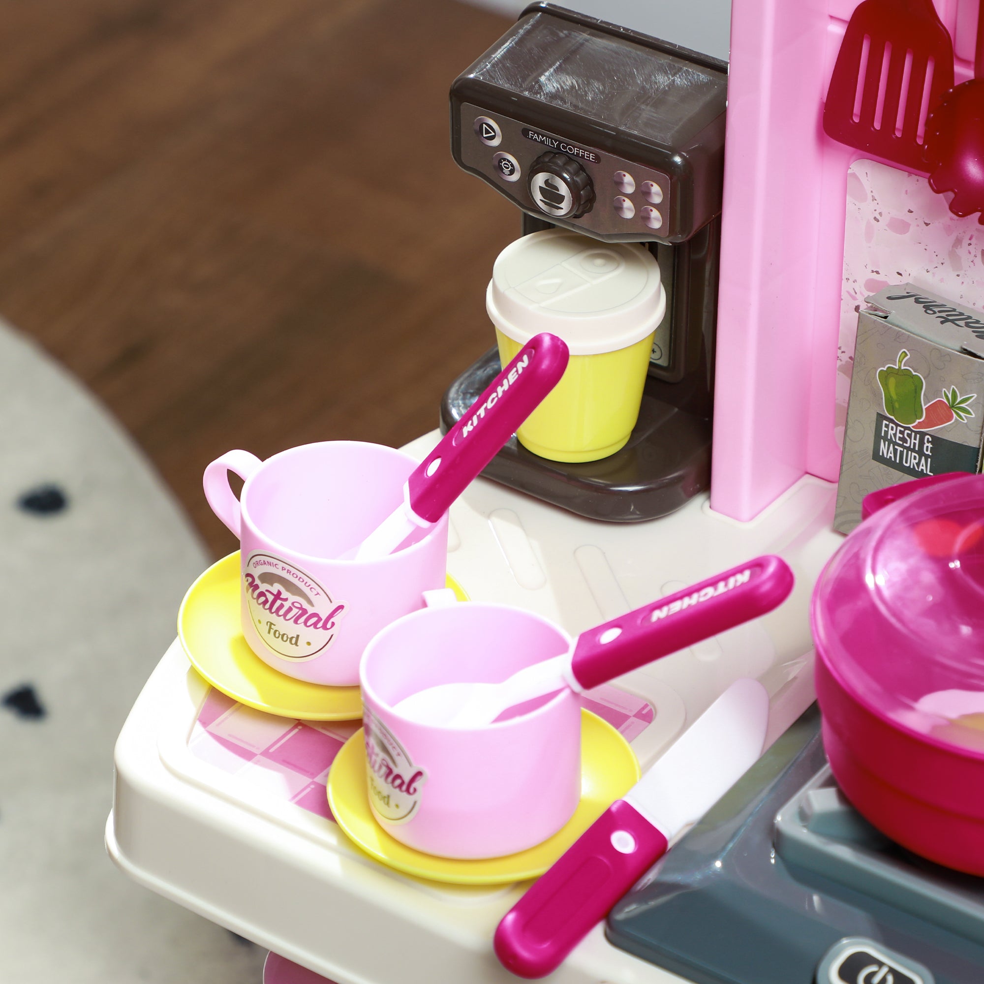 Kids Kitchen with 33 Piece Accessories, Lights, Sounds, Storage, for Children 3-6 Years, Pink