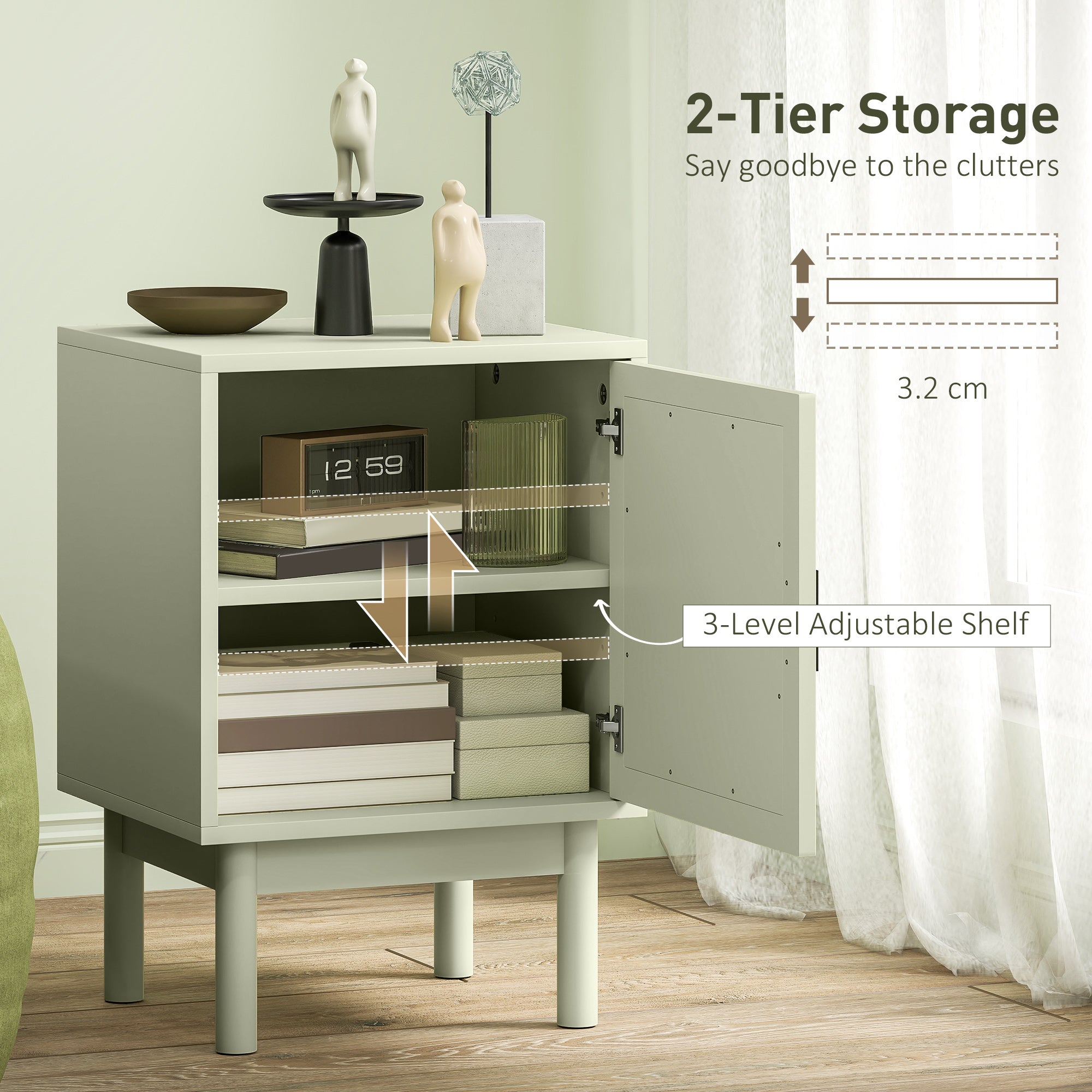 Rattan Bedside Table for Bedroom - Light Green