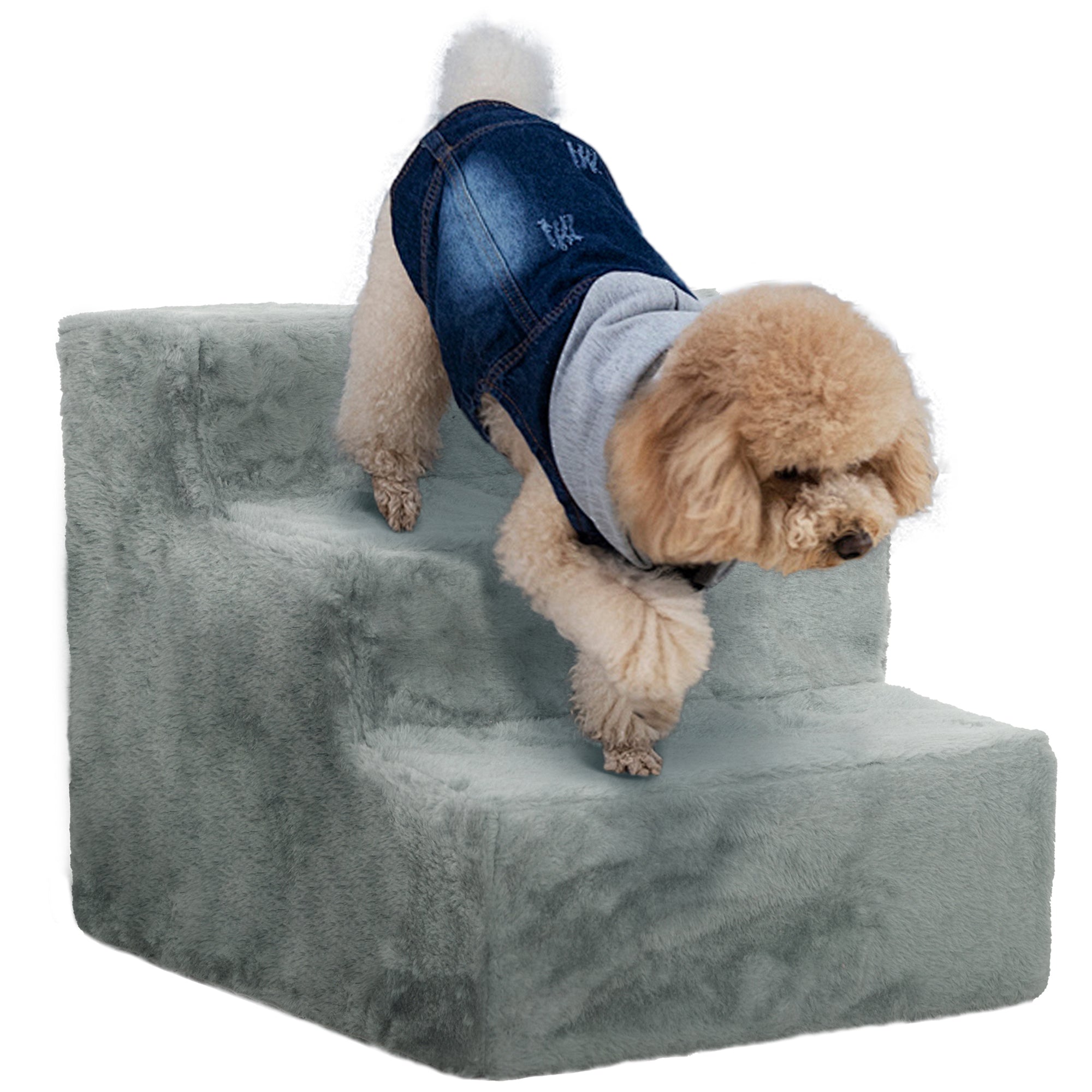 Three-Step Dog Stairs, with Washable Plush Cover, for High Bed Sofa, Dog Stairs for Small Dog and Cat - Light Grey