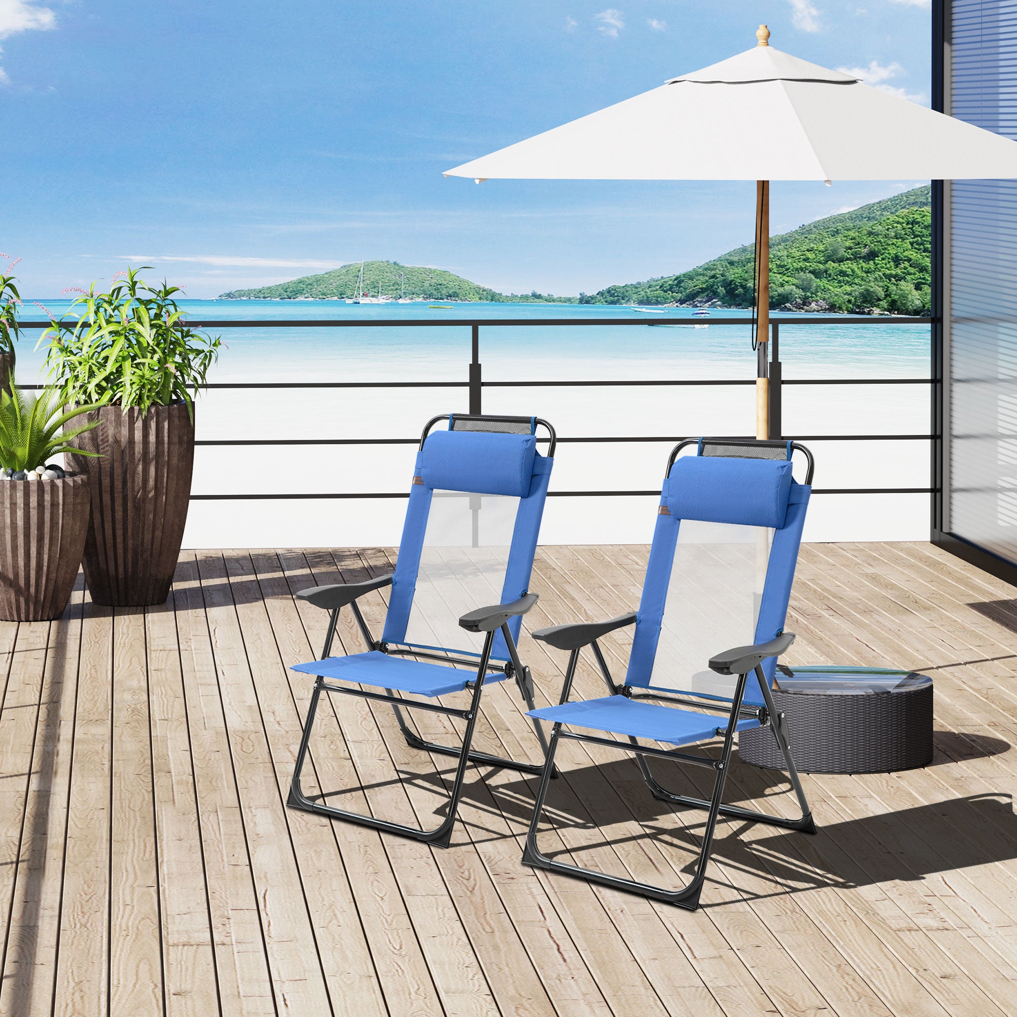 Folding Garden Chairs Set of 2, 5-Position Recliner Camping Chair with High Back, All Weather Texteline Seat, Portable Outdoor Dining Chairs with Headrests for Patio, Picnic, Blue