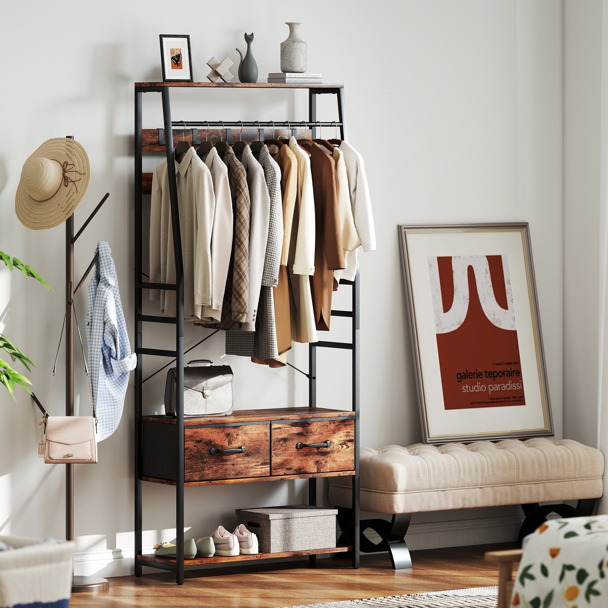 6-in-1 Industrial-Style Hallway Organiser - Brown/Black