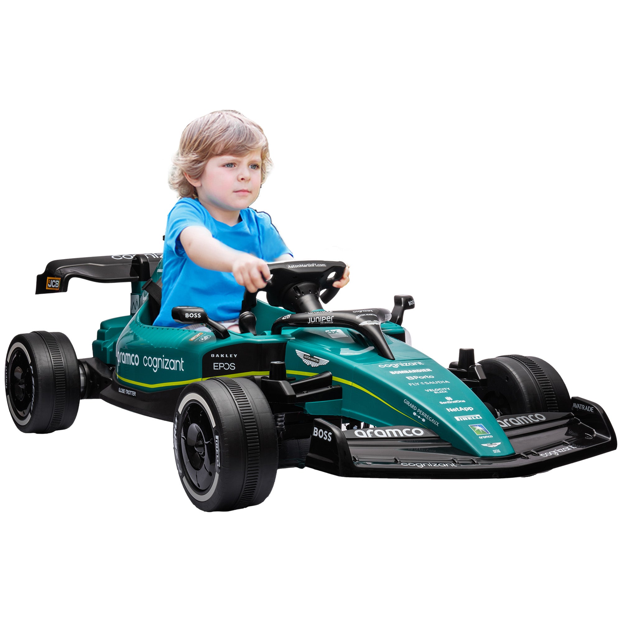 Aston Martin Licensed 12V Kids Ride on Racing Kart w/ Bluetooth, 4 Suspension Wheels, Music Lights Horn, Green