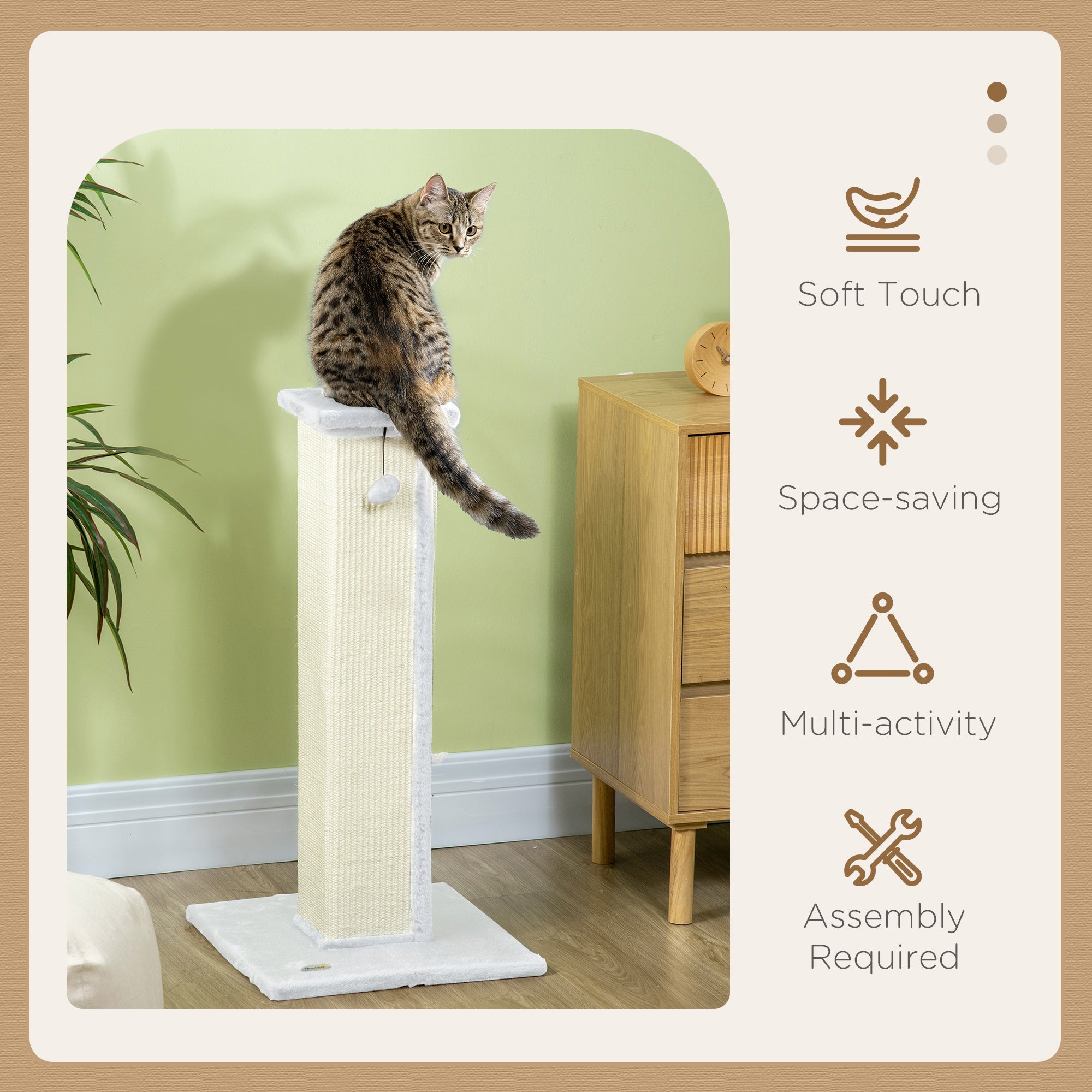 81cm Cat Scratcher, Vertical Full Scratcher w/ Natural Sisal Rope, Hanging Ball, Soft Plush - White