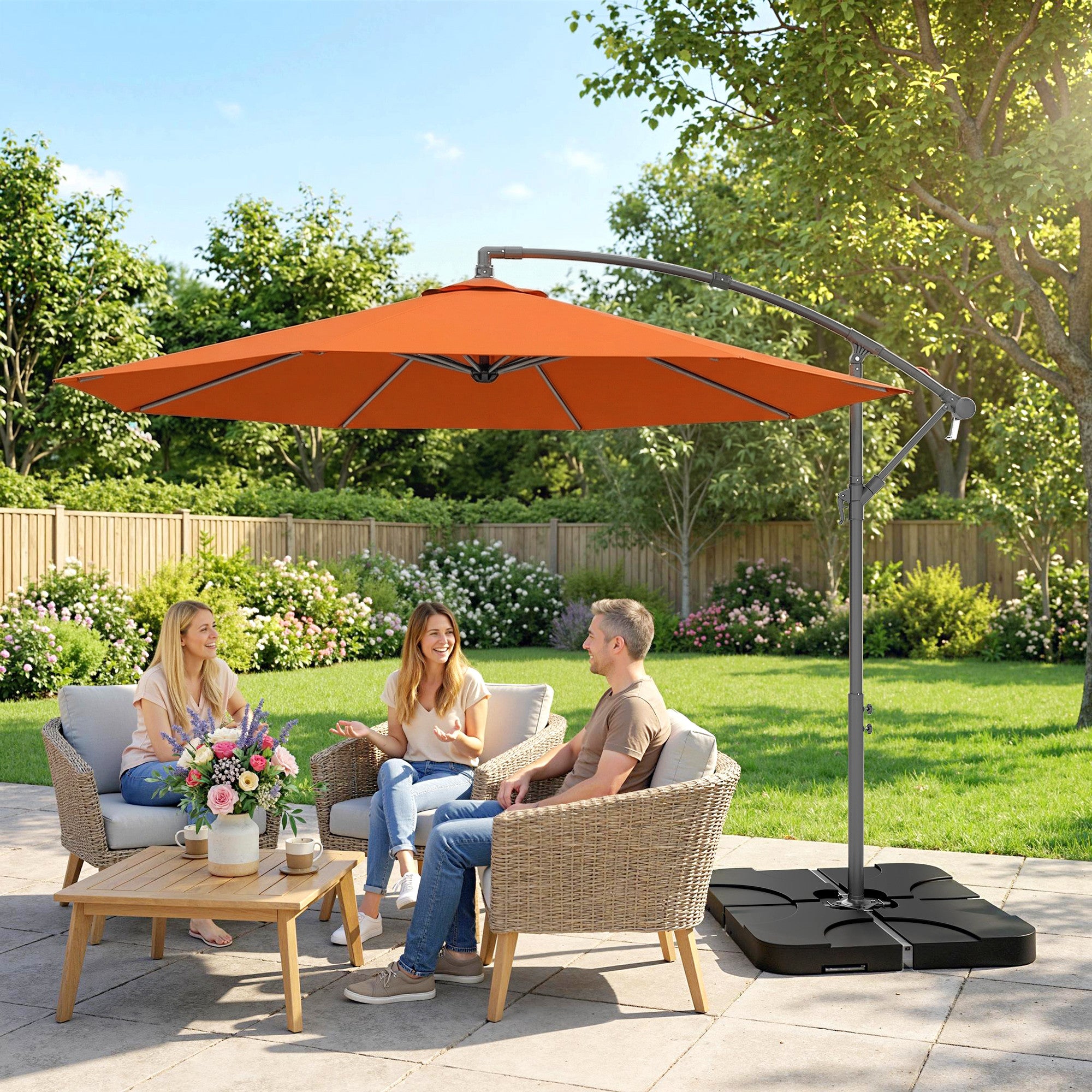 3m Overhanging Parasol, with Base, Weights and Cover - Orange
