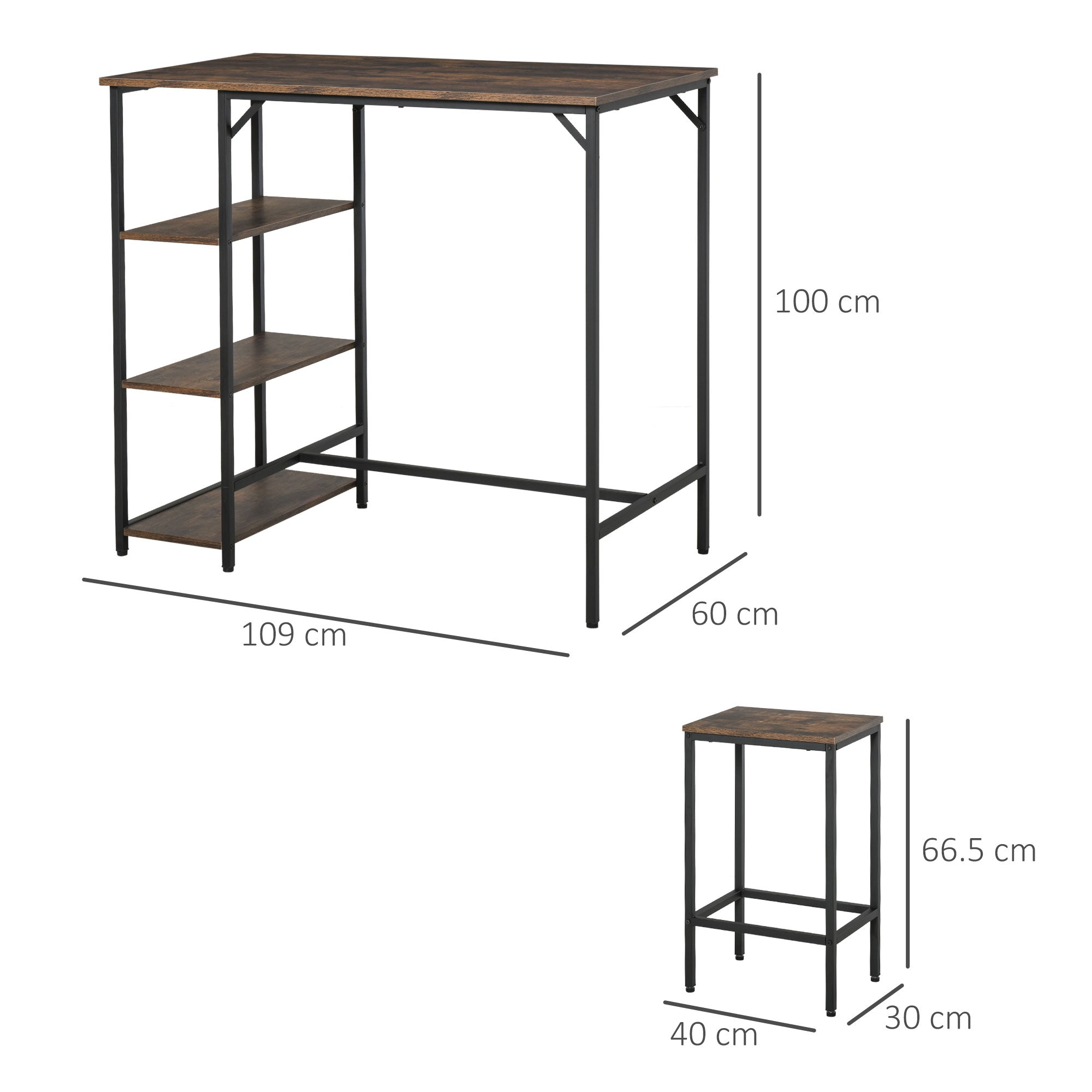 Industrial Bar Height Dining Table Set With 2 Stools & Side Shelf, 3 Pieces Coffee Table for Dining Room, Kitchen, Dinette