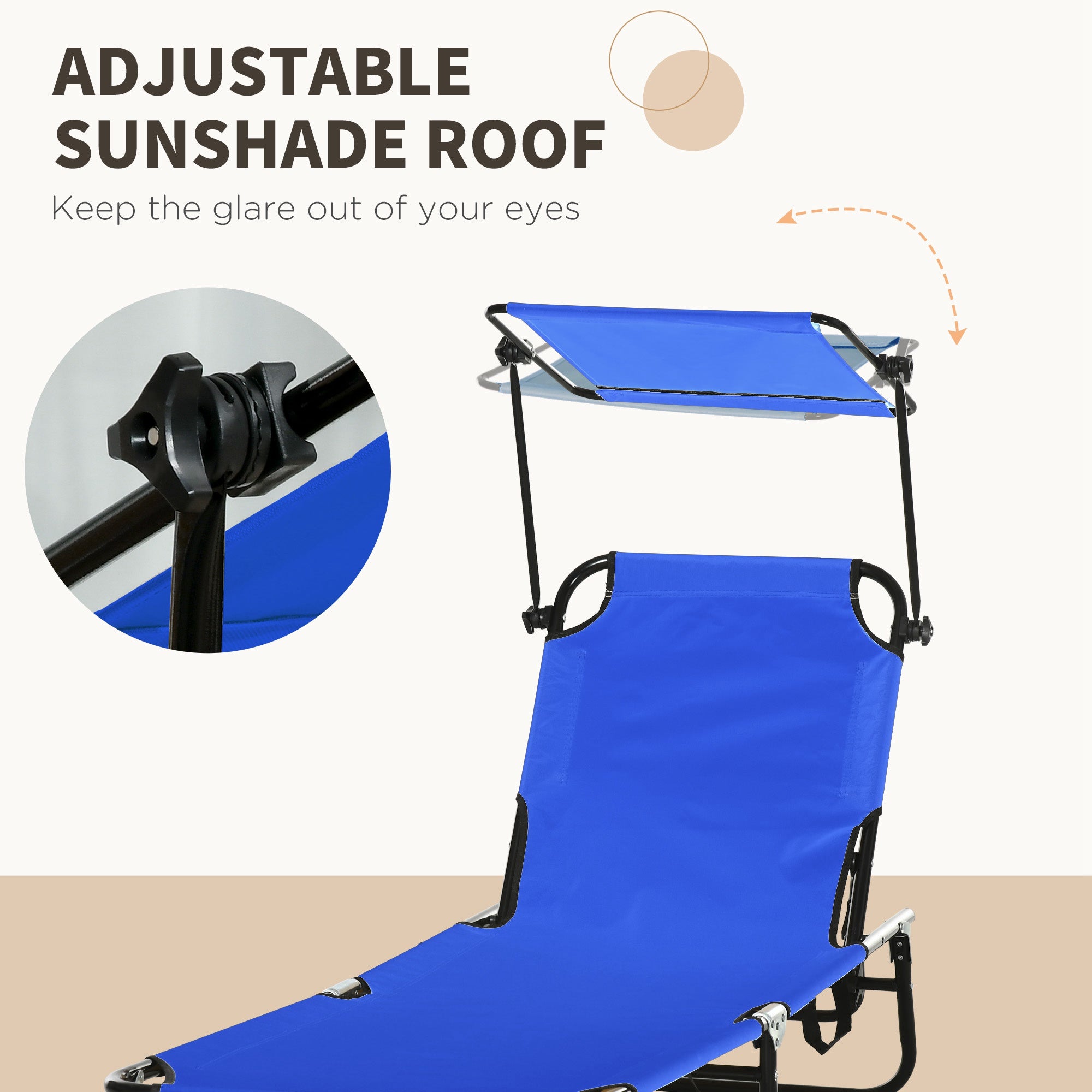 Set of Two Folding Sun Loungers, with Adjustable Backs and Sun Canopies - Blue