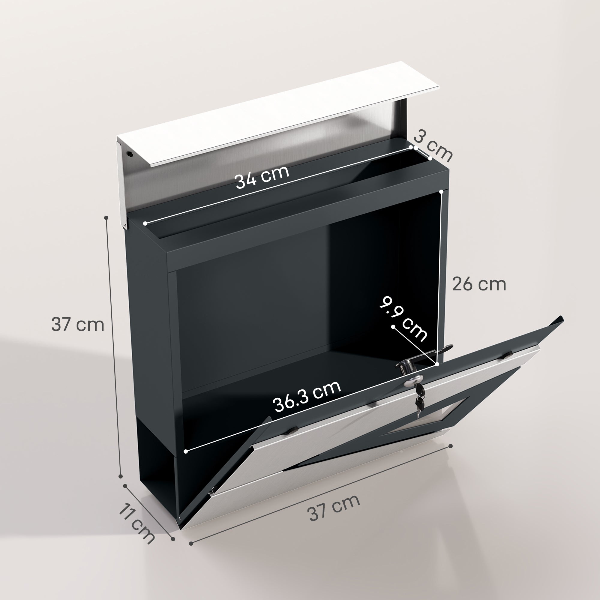 Wall Mounted Post Box with Viewing Window, 2 Lock, Modern Galvanised Steel Mailbox with Copper Core, Weatherproof Letterbox for Outdoor Use, Easy to Install, Silver