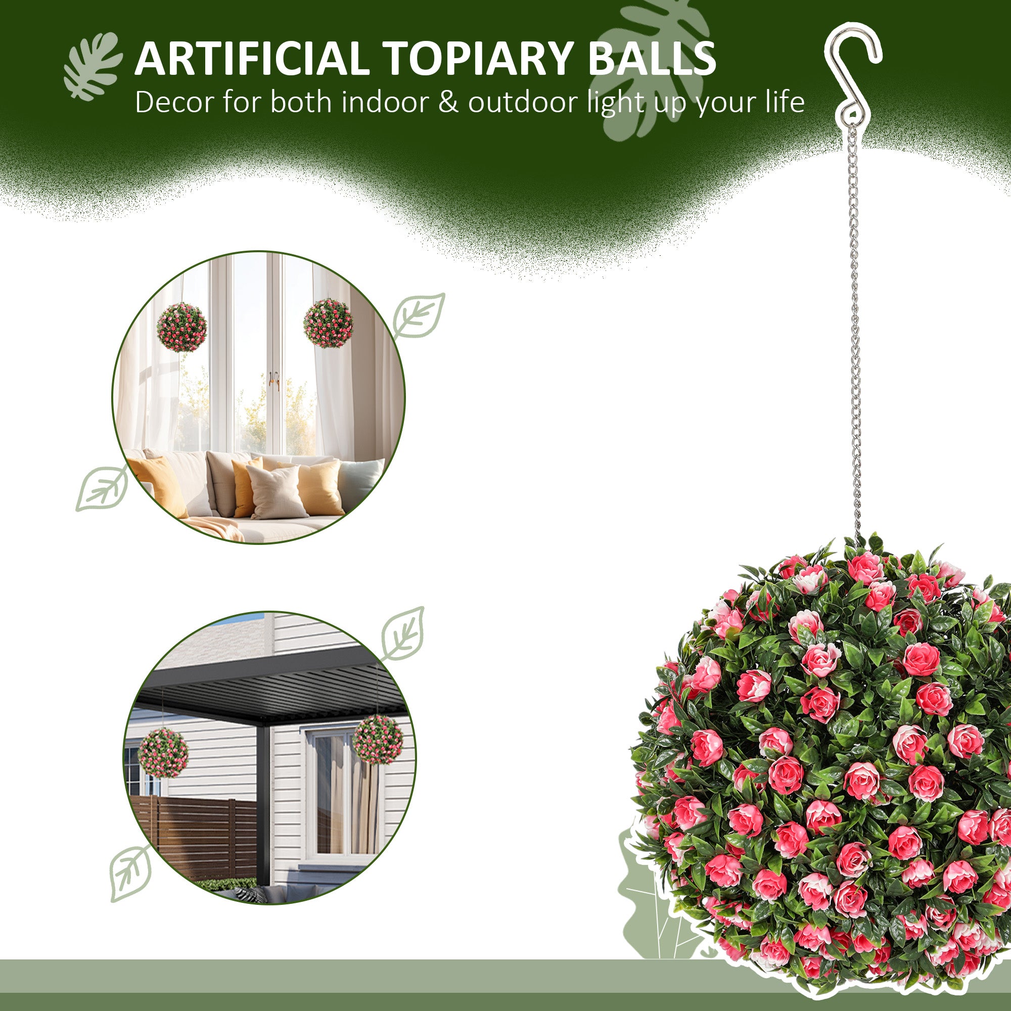 Set of 2 Decorative Artificial Plants, UV-protected Artificial Plant Topiary Rose Balls, Fake Plants for Home Indoor outdoor Decor, 28cm, Pink