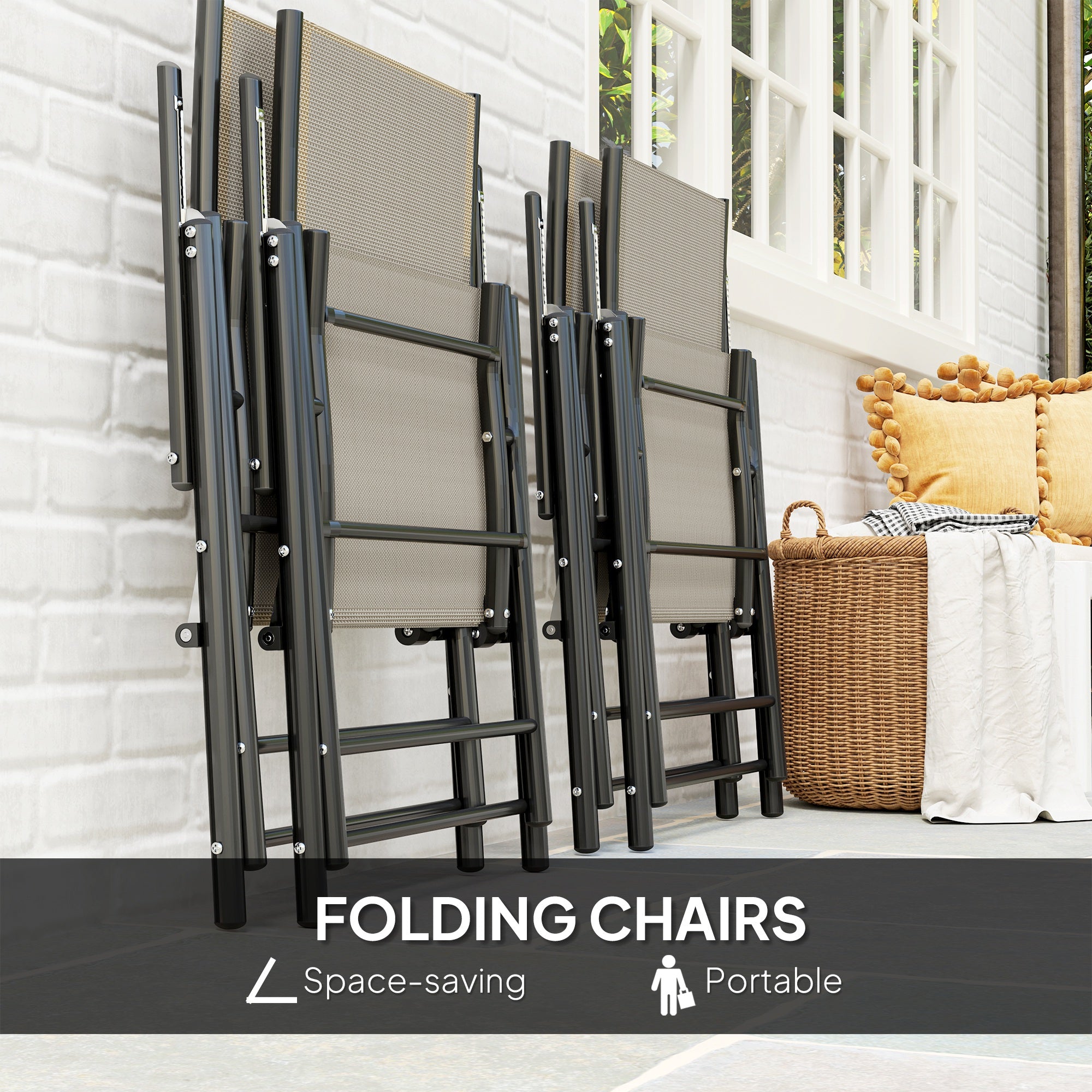 5 Piece Steel Frame Patio Dining Set with Folding Chairs - Khaki Black