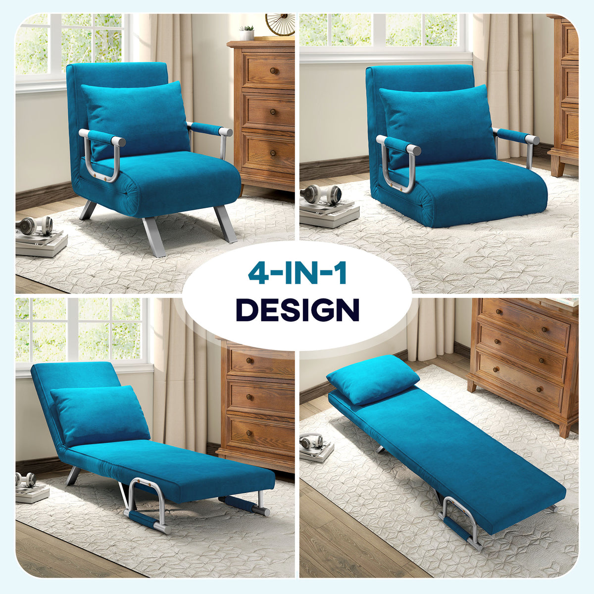 4-in-1 Adjustable Faux Suede Chair Bed with Pillow - Blue