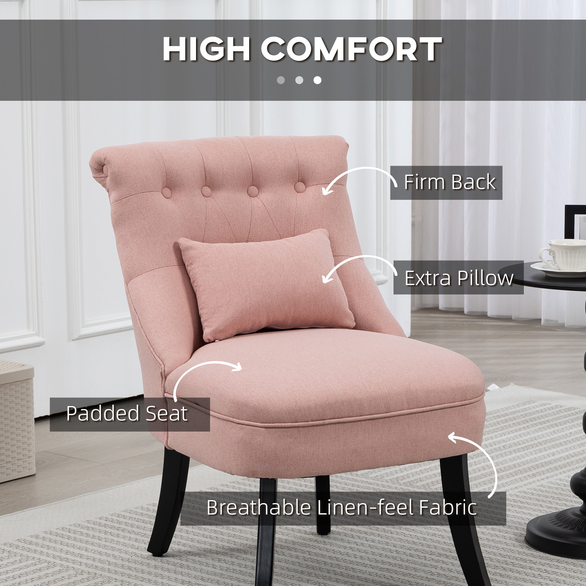 Fabric Single Sofa Dining Chair Tub Chair Upholstered W/ Pillow Solid Wood Leg Home Living Room Furniture Pink
