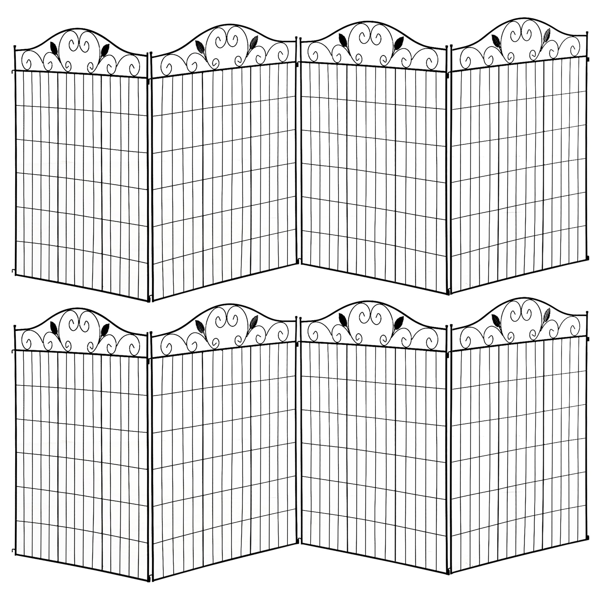 Set of 2 Decorative Garden Fence, 8 Panels Metal Picket Fence, Versatile Shapes for Patio Lawn, 365cm x 112cm, Black