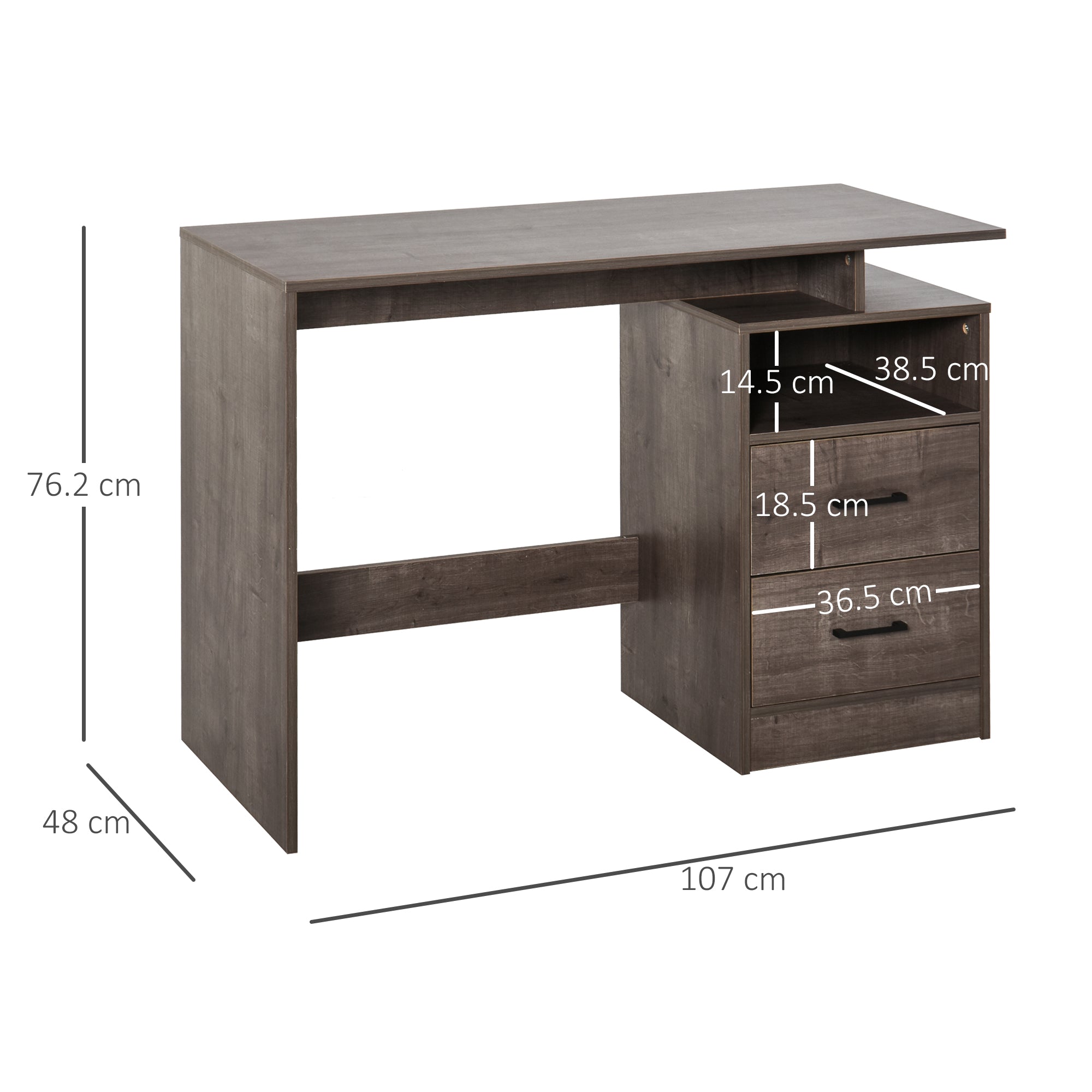 Computer Desk with Drawers and Storage Shelf, 107 x 48cm Writing Desk for Home Office, Study Workstation, Grey