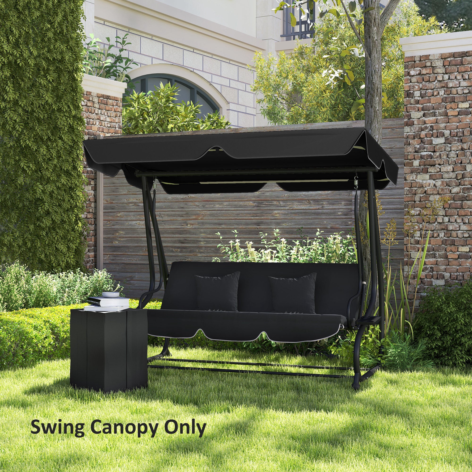 Garden Swing Canopy Replacement 3 Seater, Waterproof Garden Swing Seat Canopy Cover, Windproof Anti-UV Sun Shade (Canopy Only) for Patio, Balcony, Black