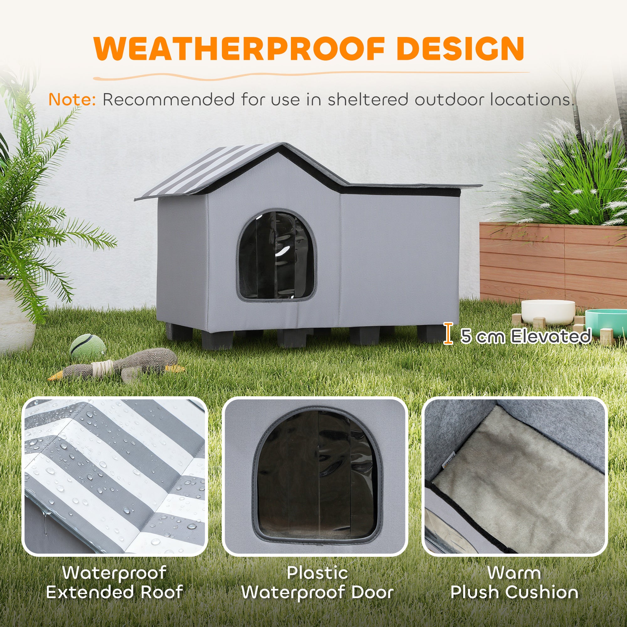 Outdoor Cat House, Weather Resistant Feral Cat Cave with Elevated Base and Cushion for Winter, Grey