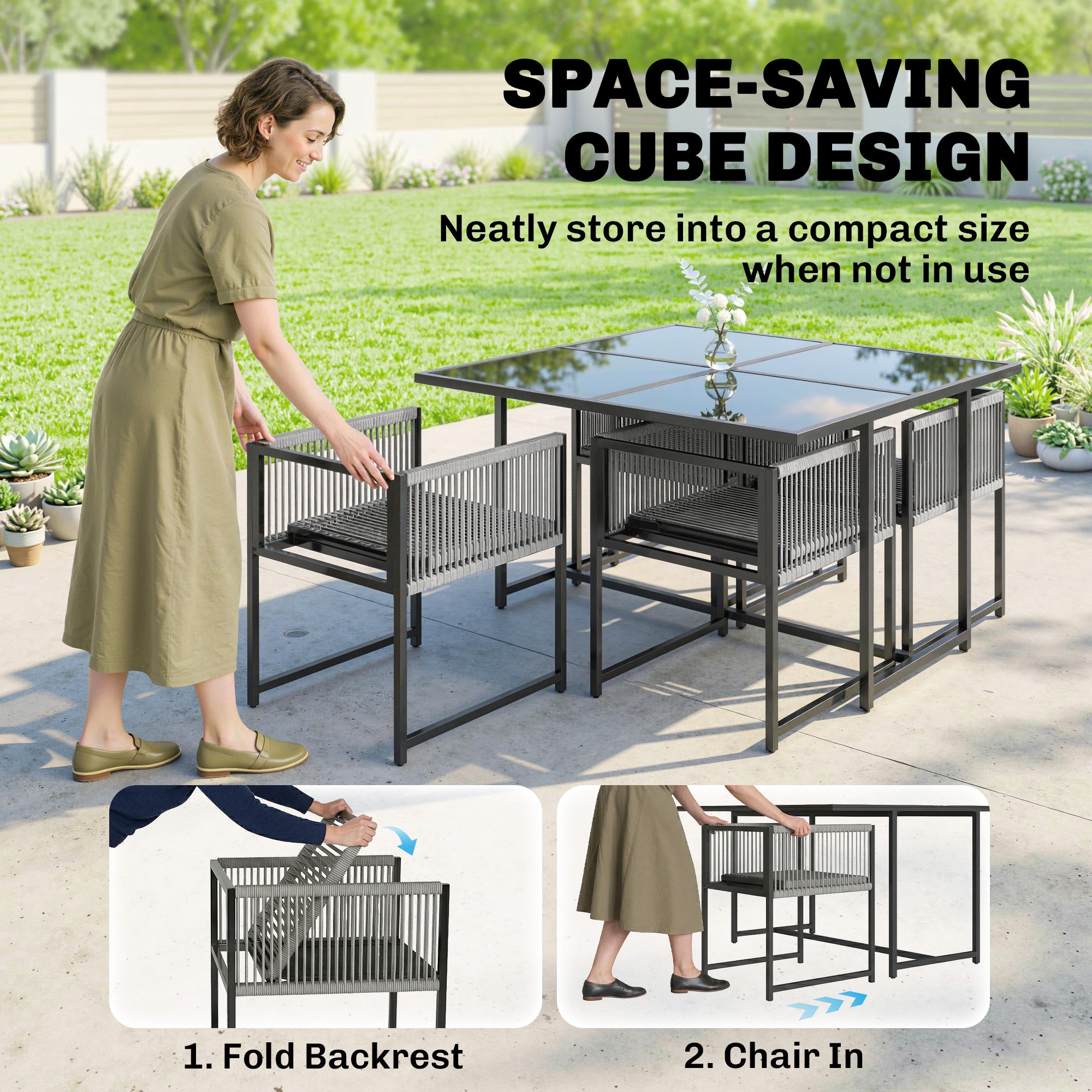 5 Pieces Garden Dining Set, Outdoor Patio Cube Set, 4 Seater Outdoor Table and Chairs with Foldable Backrest, Light Grey