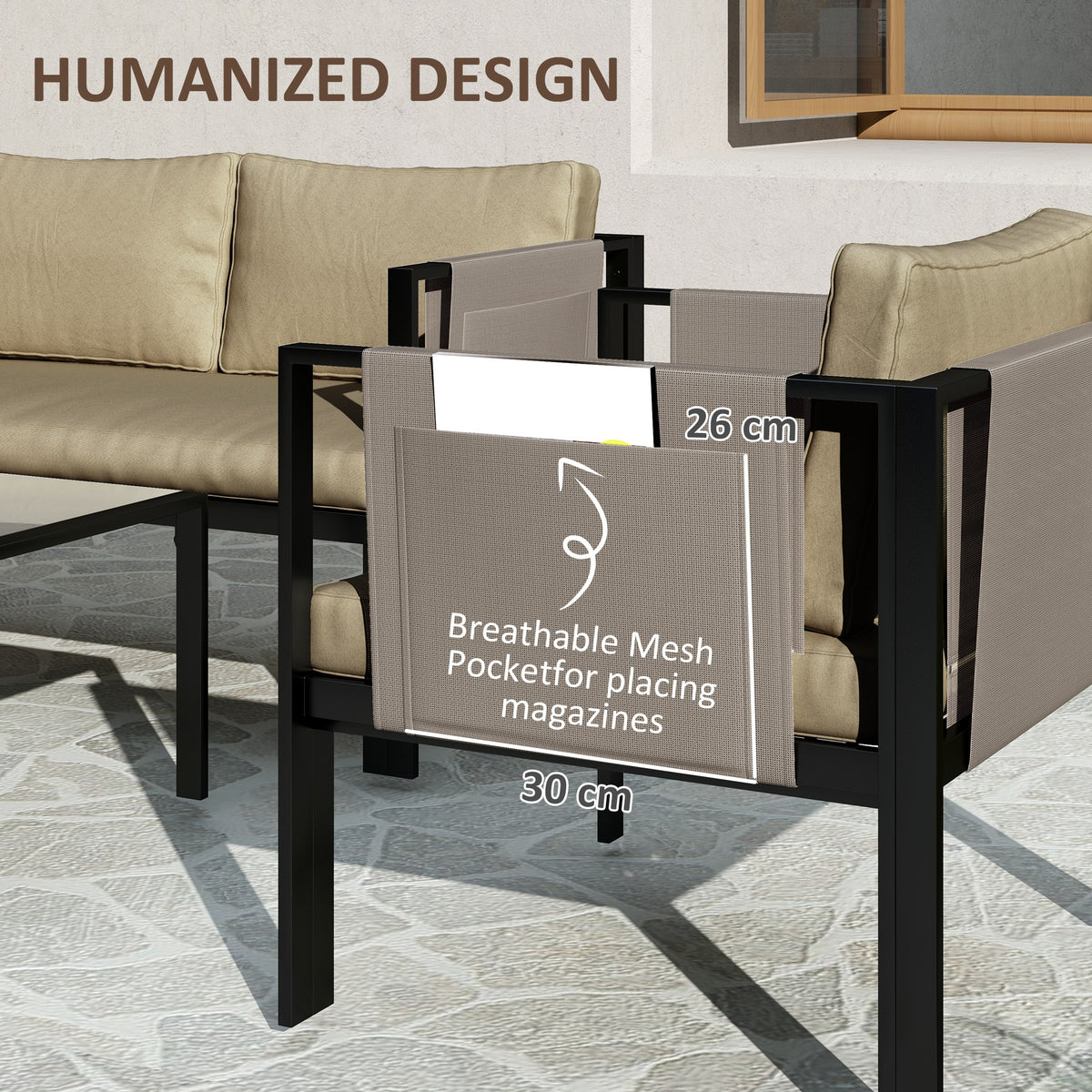 4 Piece Metal Garden Furniture Set with Cushions - Khaki