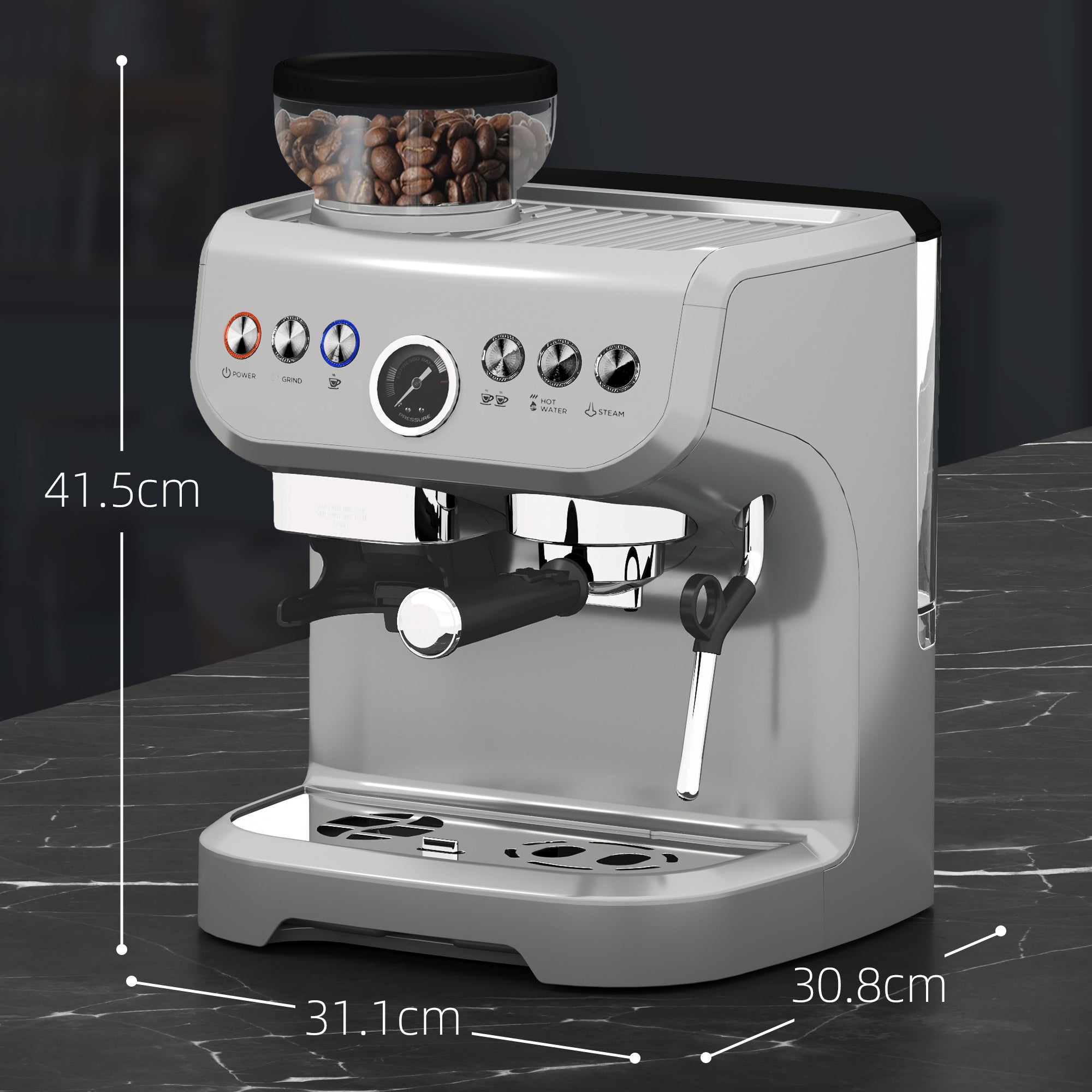 15 Bar Coffee Machine, with Adjustable Grind, Steamer and Accessories - Silver Colour