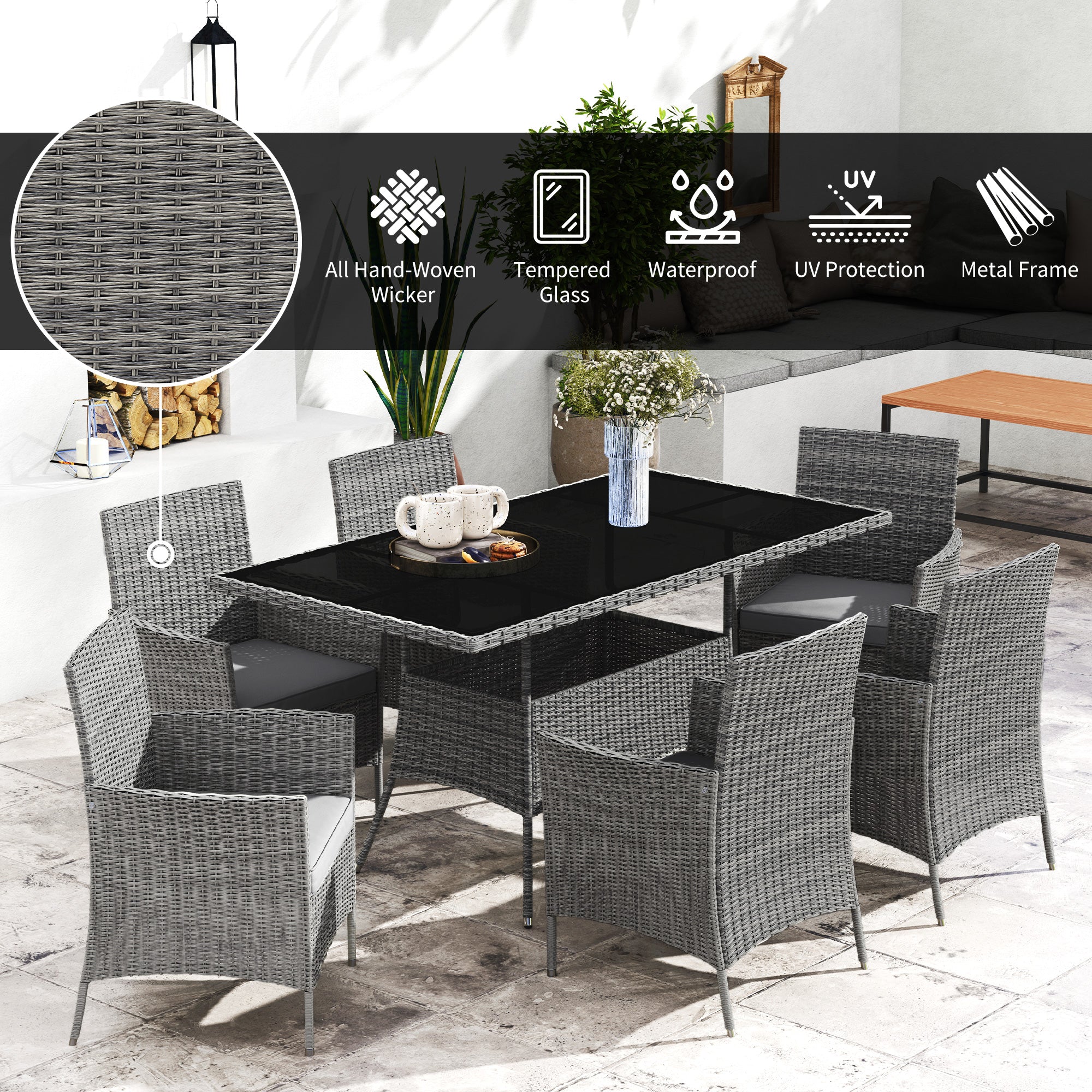7-Piece 6-Seater Rattan Garden Dining Set with Cushions and Rectangular Glass Table - Charcoal Grey