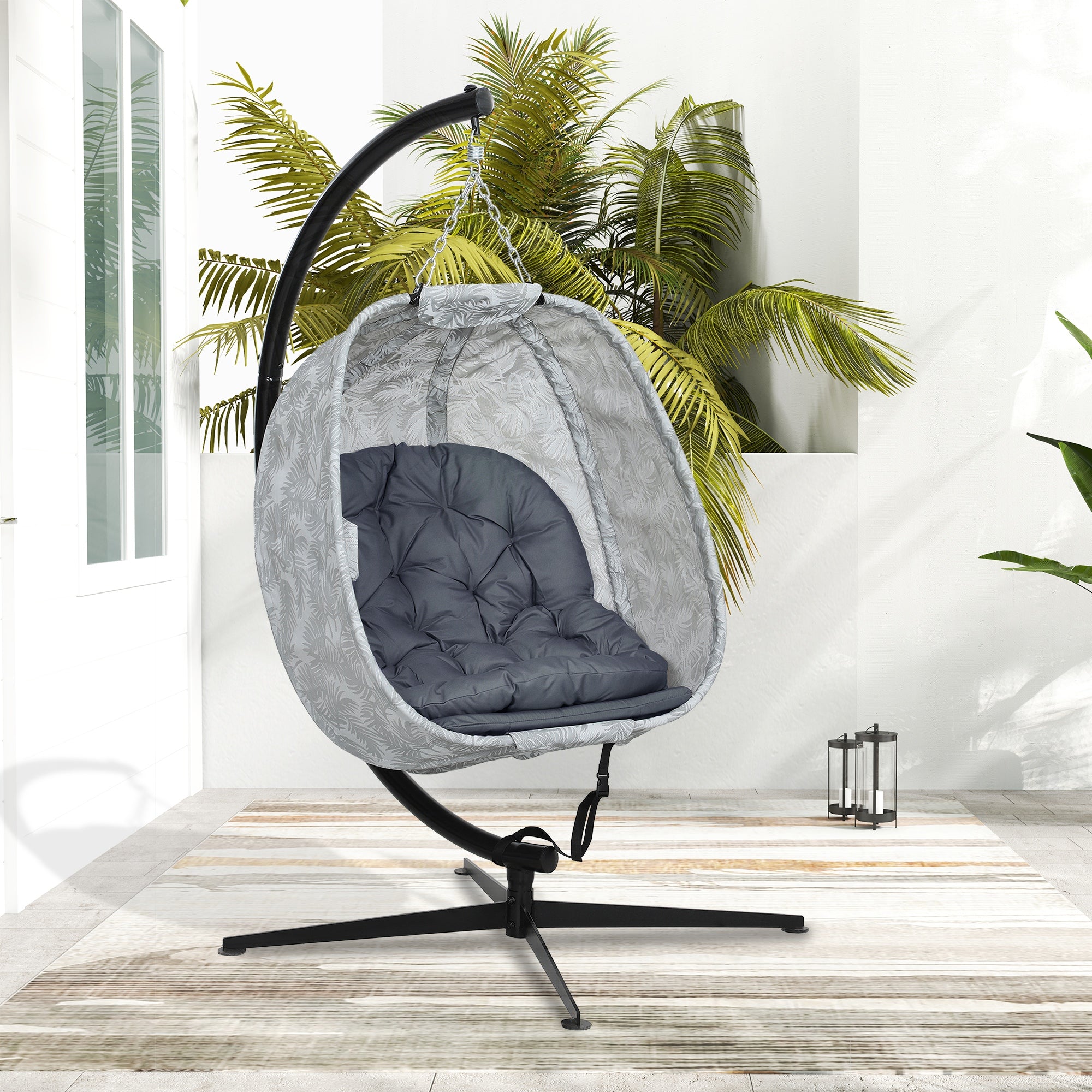 Hanging Egg Chair with Stand and Thick Cushion - Grey