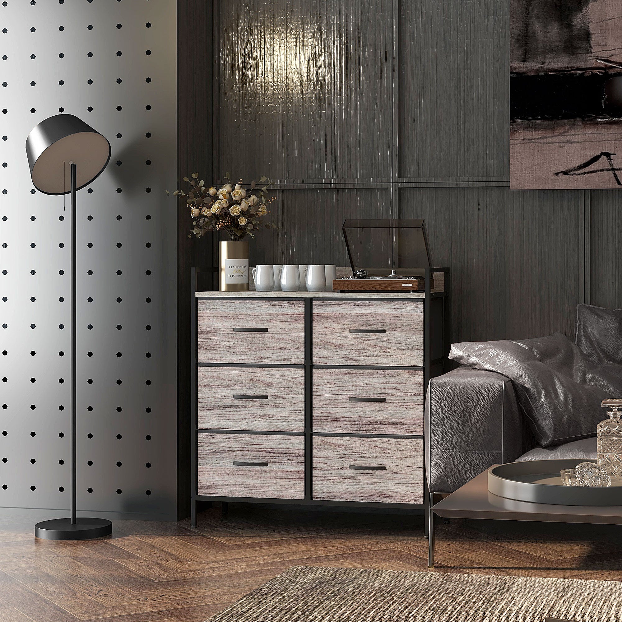 Rustic Chest of Six Fabric Drawers - Grey Wood Effect