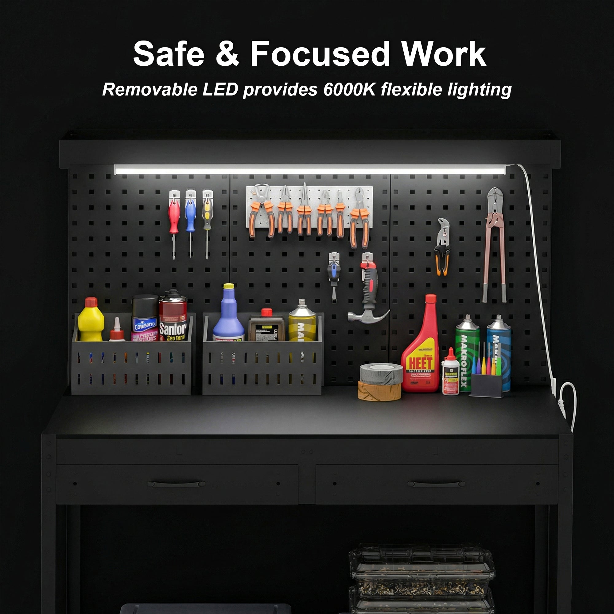 110 cm Workbench with Pegboard, Heavy Duty Work Table with Power Strip and LED Light, Black