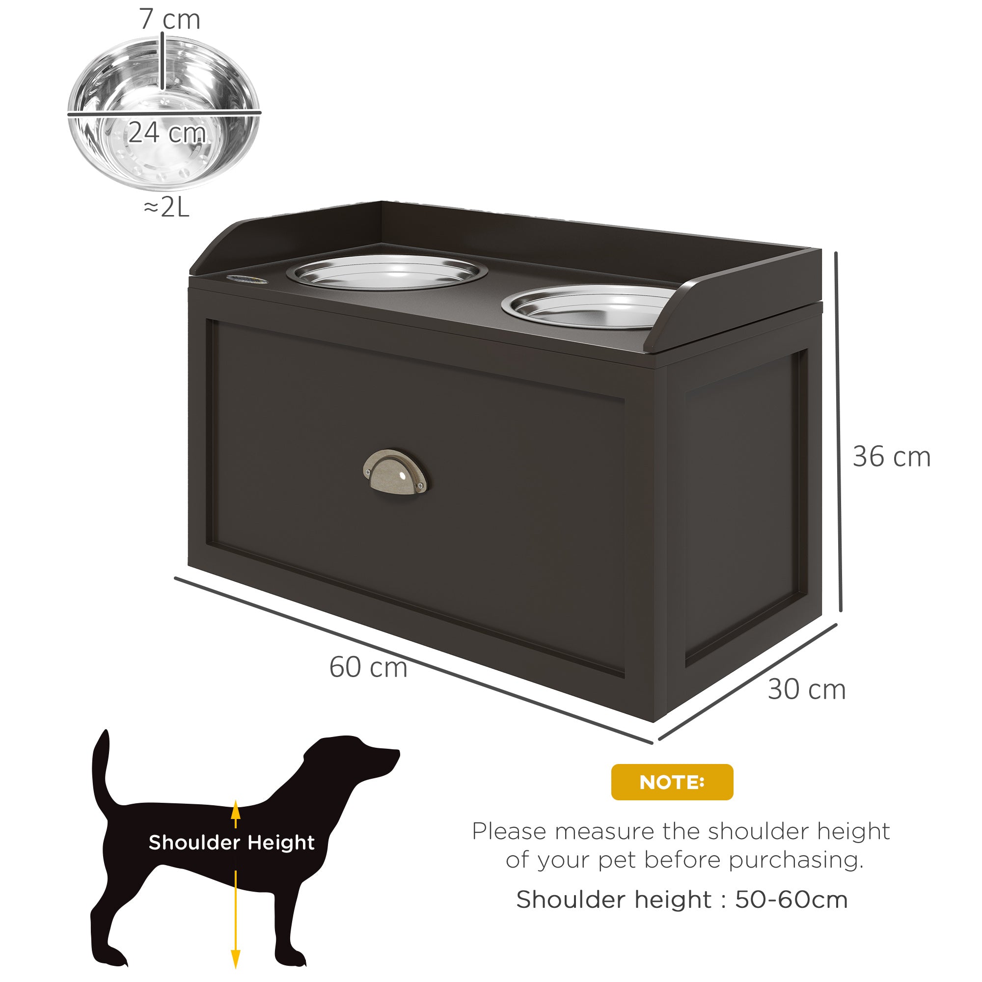 Stainless Steel Raised Dog Bowls, with 21L Storage Drawer for Large Dogs - Brown