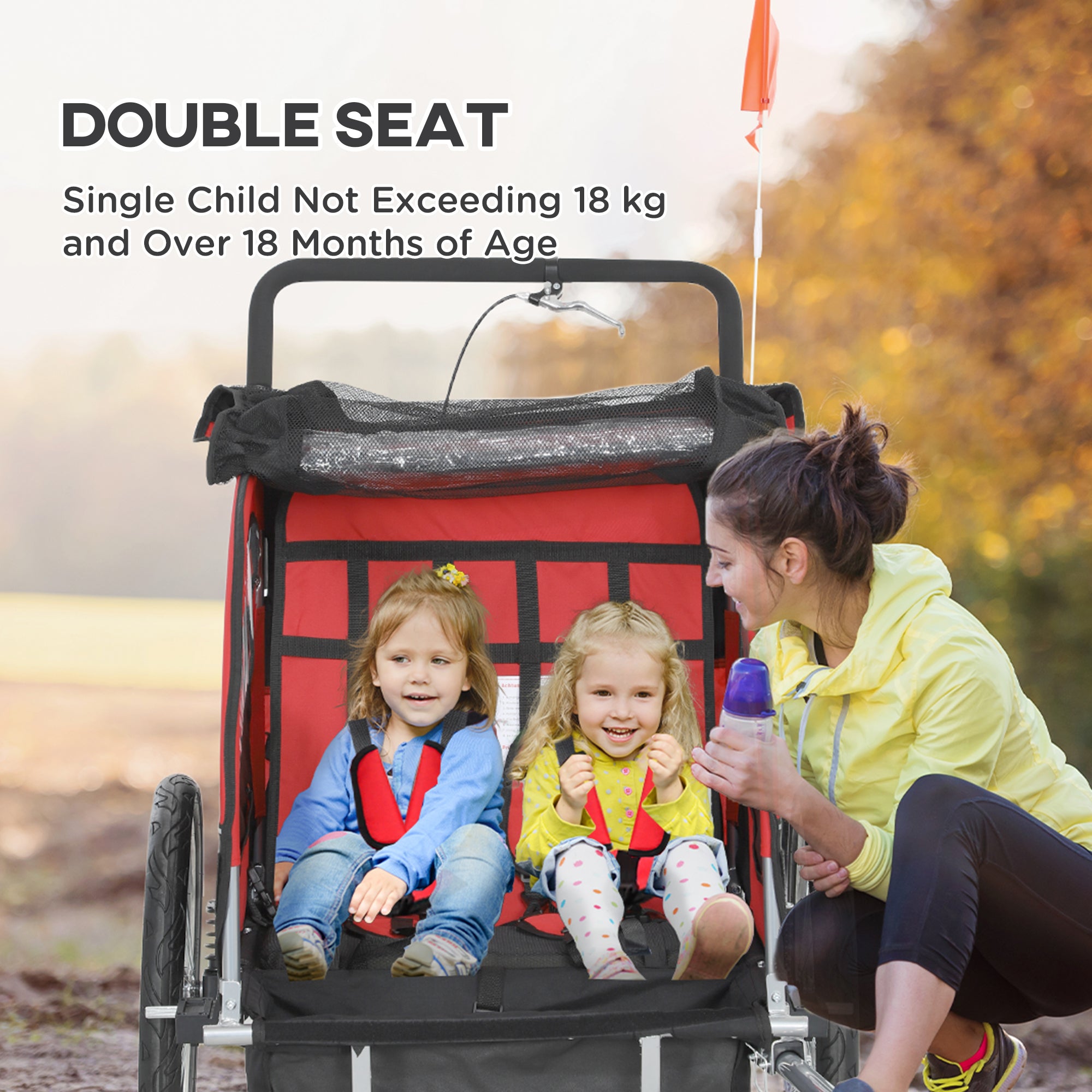 2 Seat Bike Trailer with 5 Point Harness, Baby Bike Stroller with Safety Flag, Reflectors, for 18+ Months, Red