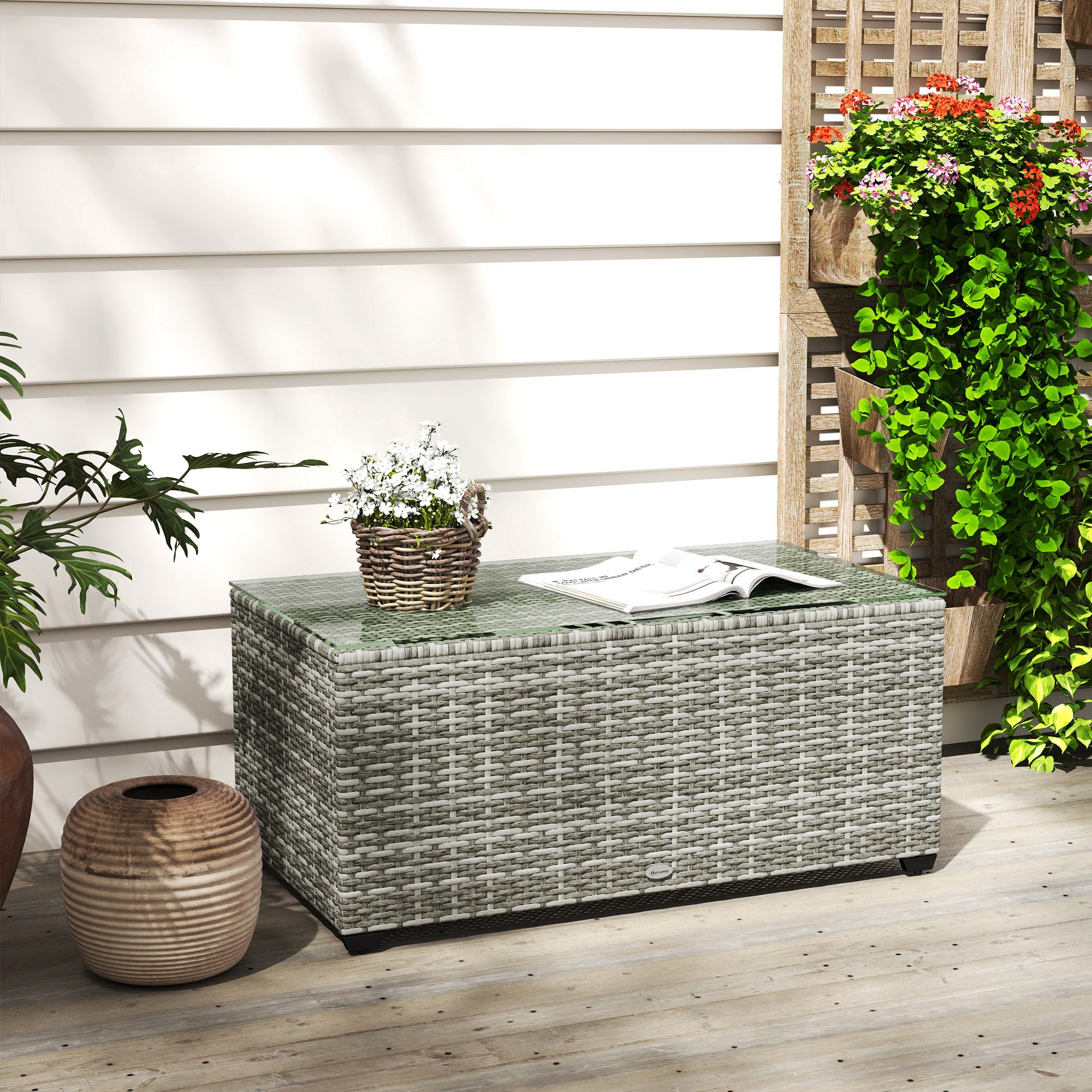 90 x 50cm Rattan Side Table with Glass Top - Light Grey
