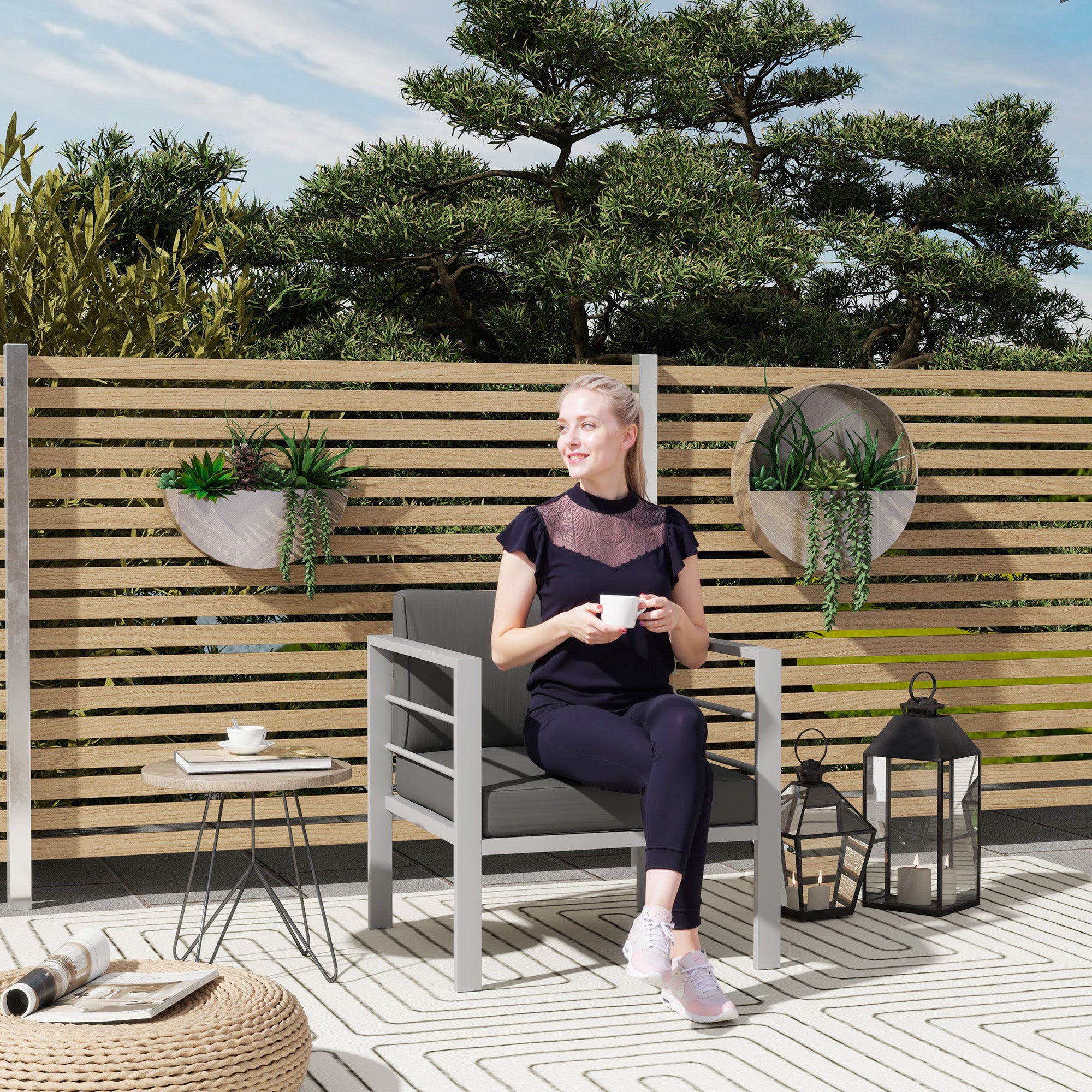 Garden Sofa Set of 2, All-Weather Garden Sofa Set with Removable Cushions, Metal Frame Outdoor Furniture for Balcony, Charcoal Grey