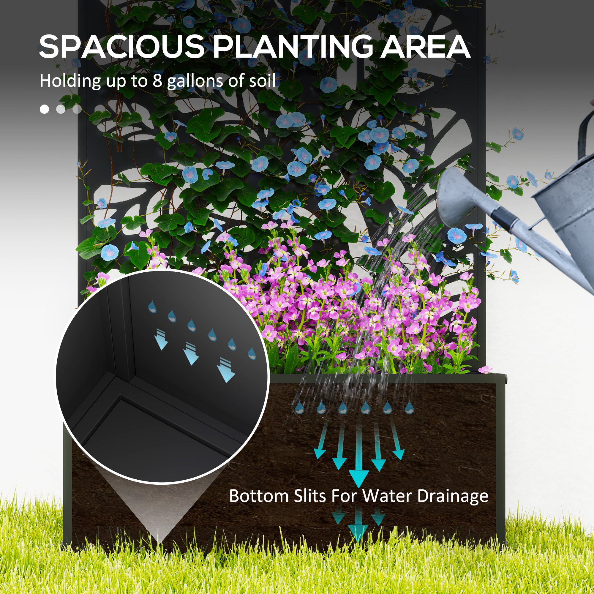 Outdoor Metal Planter, with Back Trellis - Black