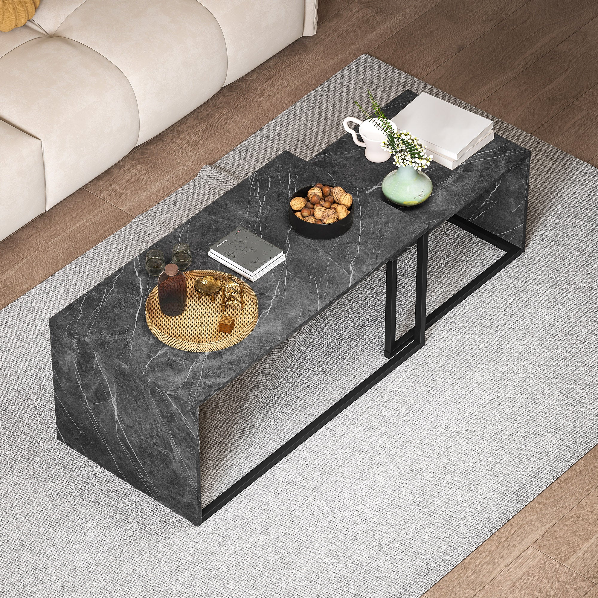 Nesting Coffee Table Set of 2, Industrial Stacking Side End Tables with Metal Frame for Living Room, Bedroom, Dark Grey Marble Effect